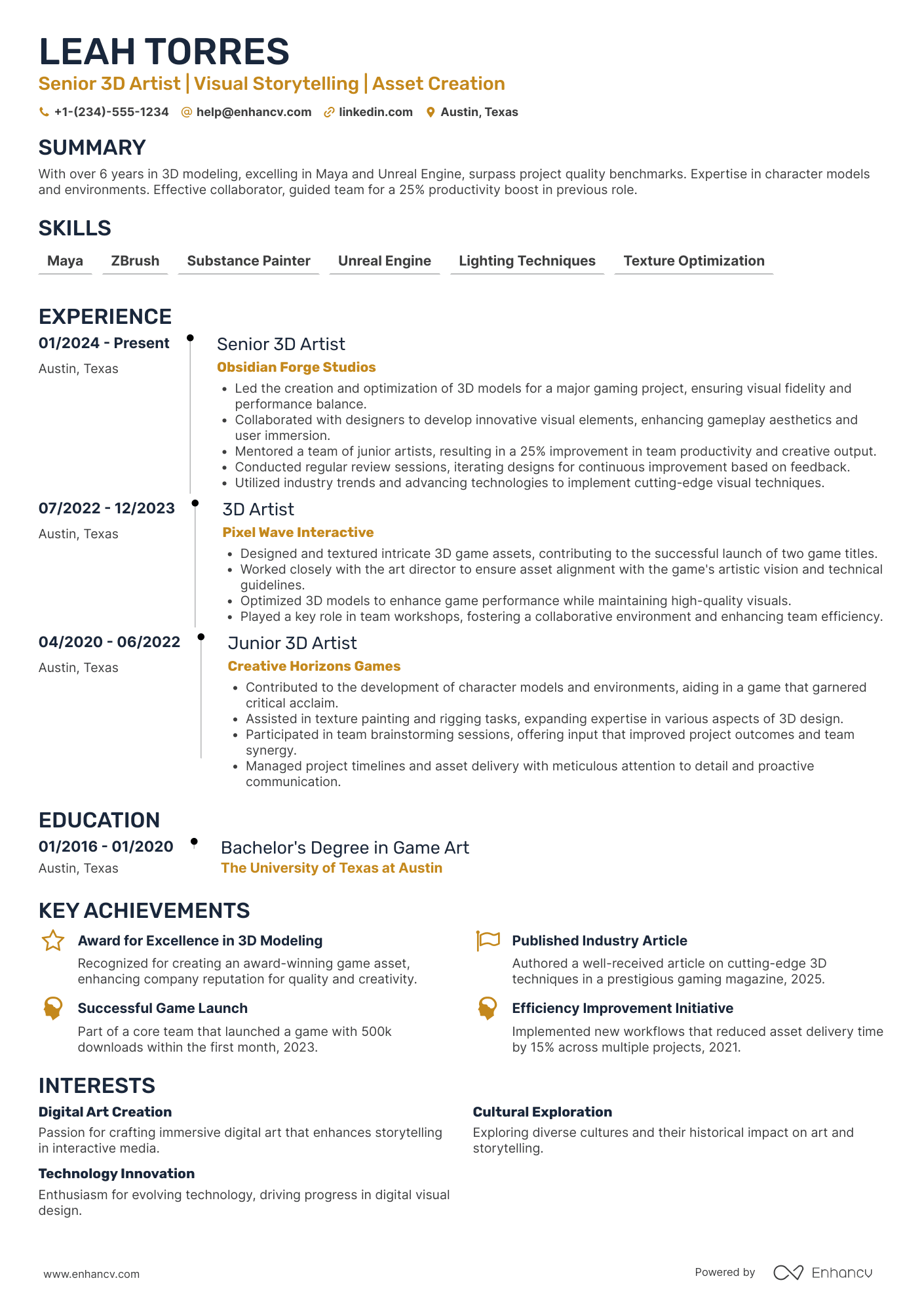 Senior 3D Artist Resume Example