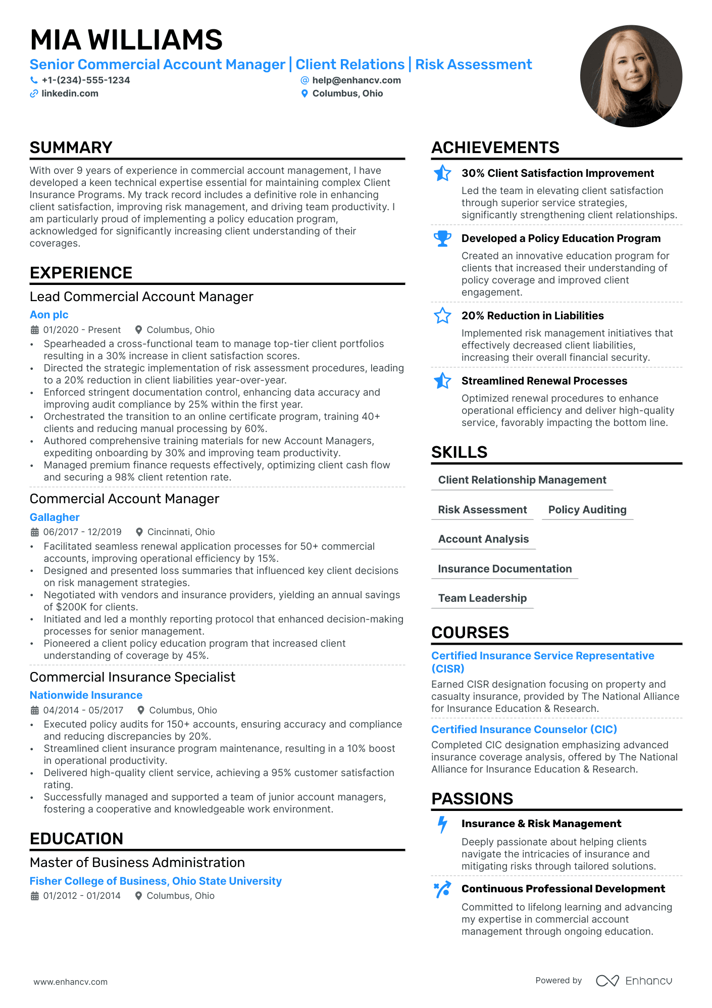 Commercial Account Manager Resume Example
