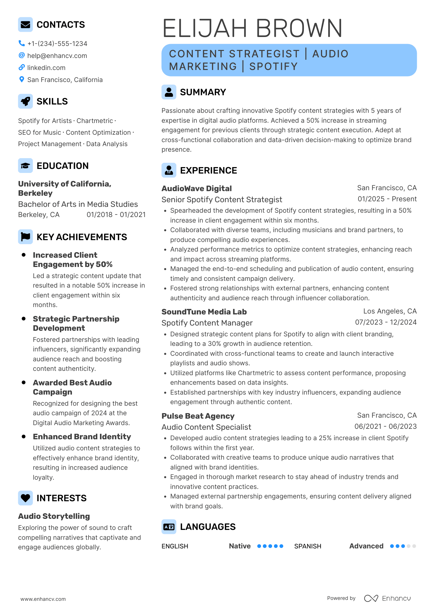 Spotify Content Strategist Resume Example
