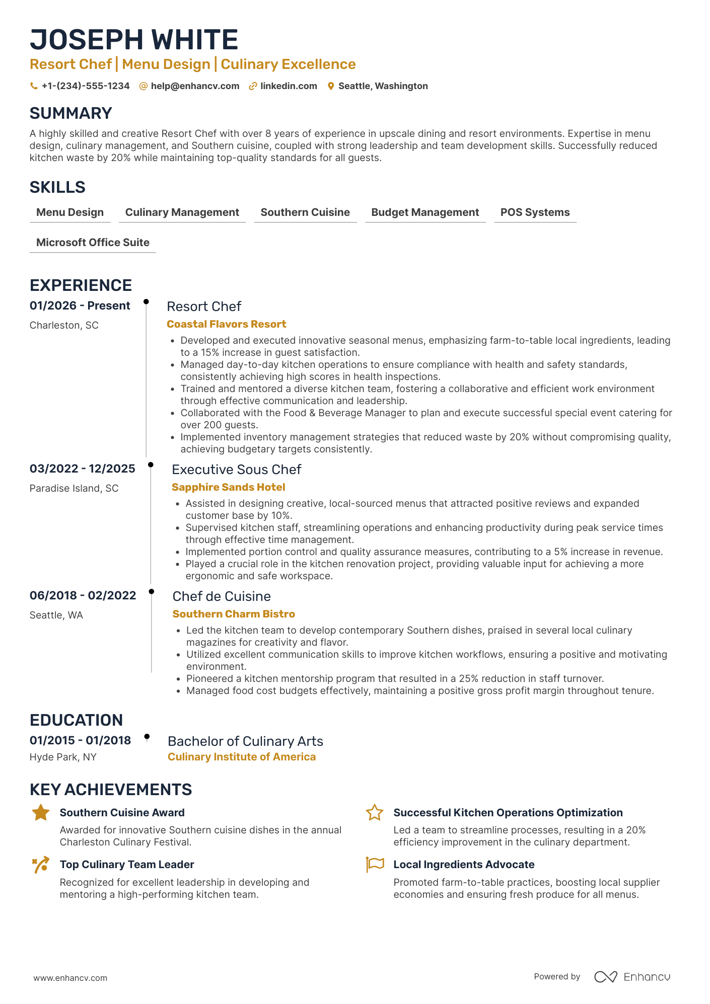 Resort Chef Resume Example