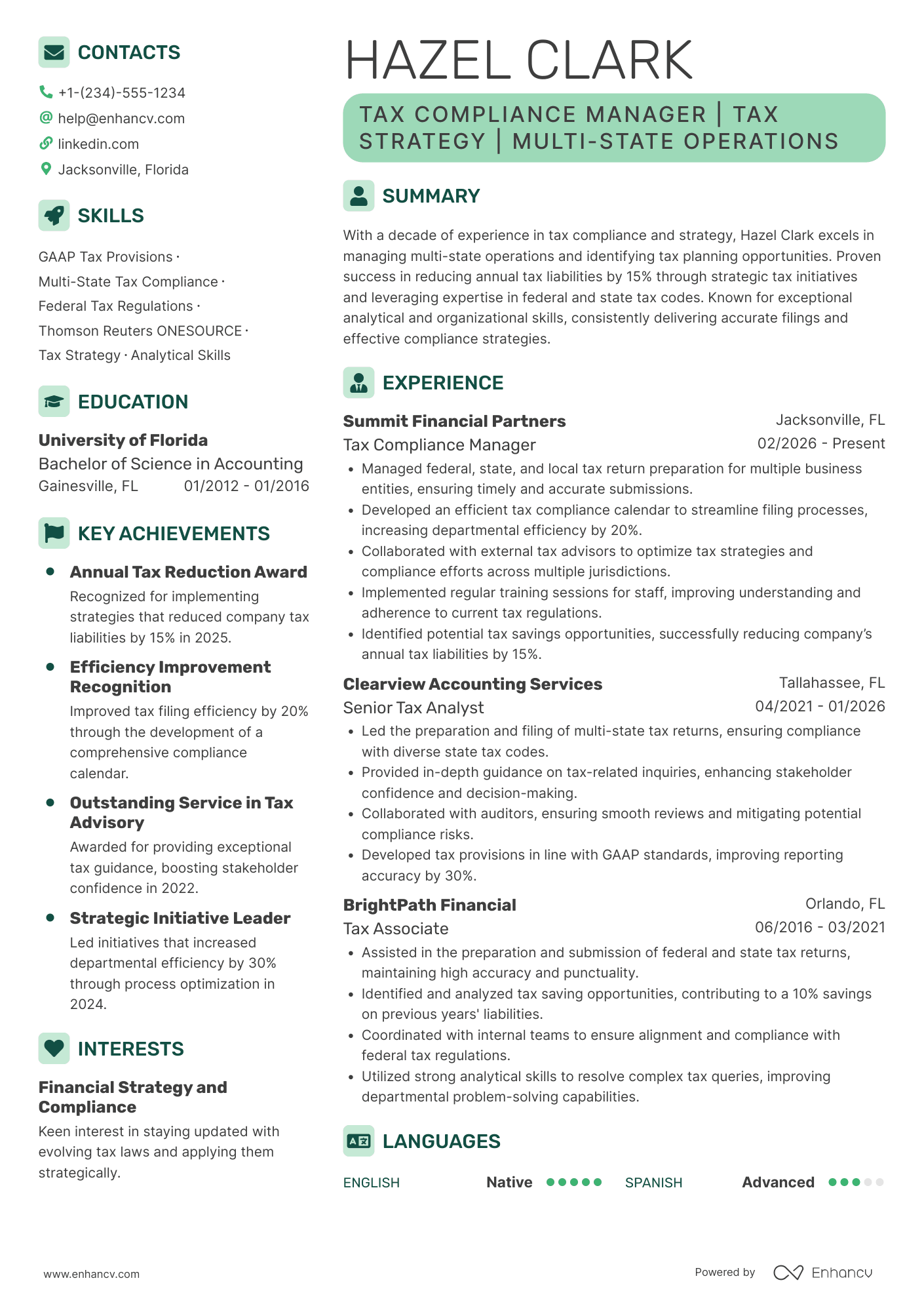 Tax Compliance Manager Resume Example