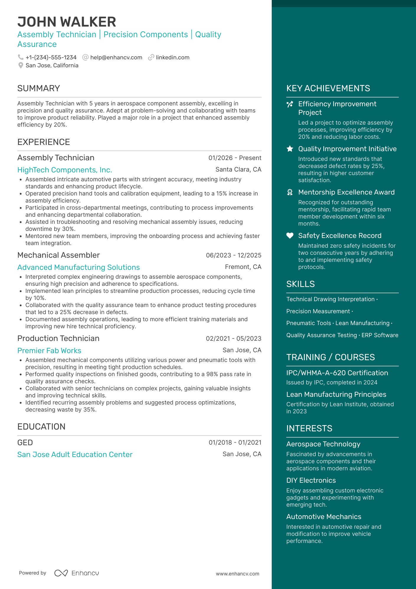 Assembly Technician Resume Example