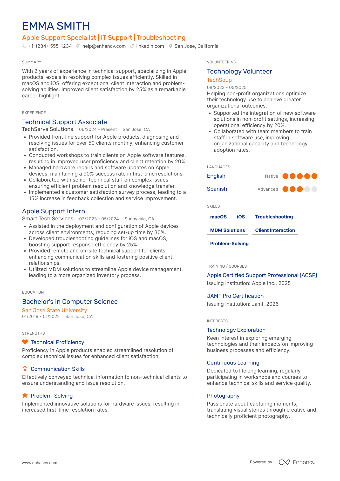 Junior Apple Support Specialist Resume Example