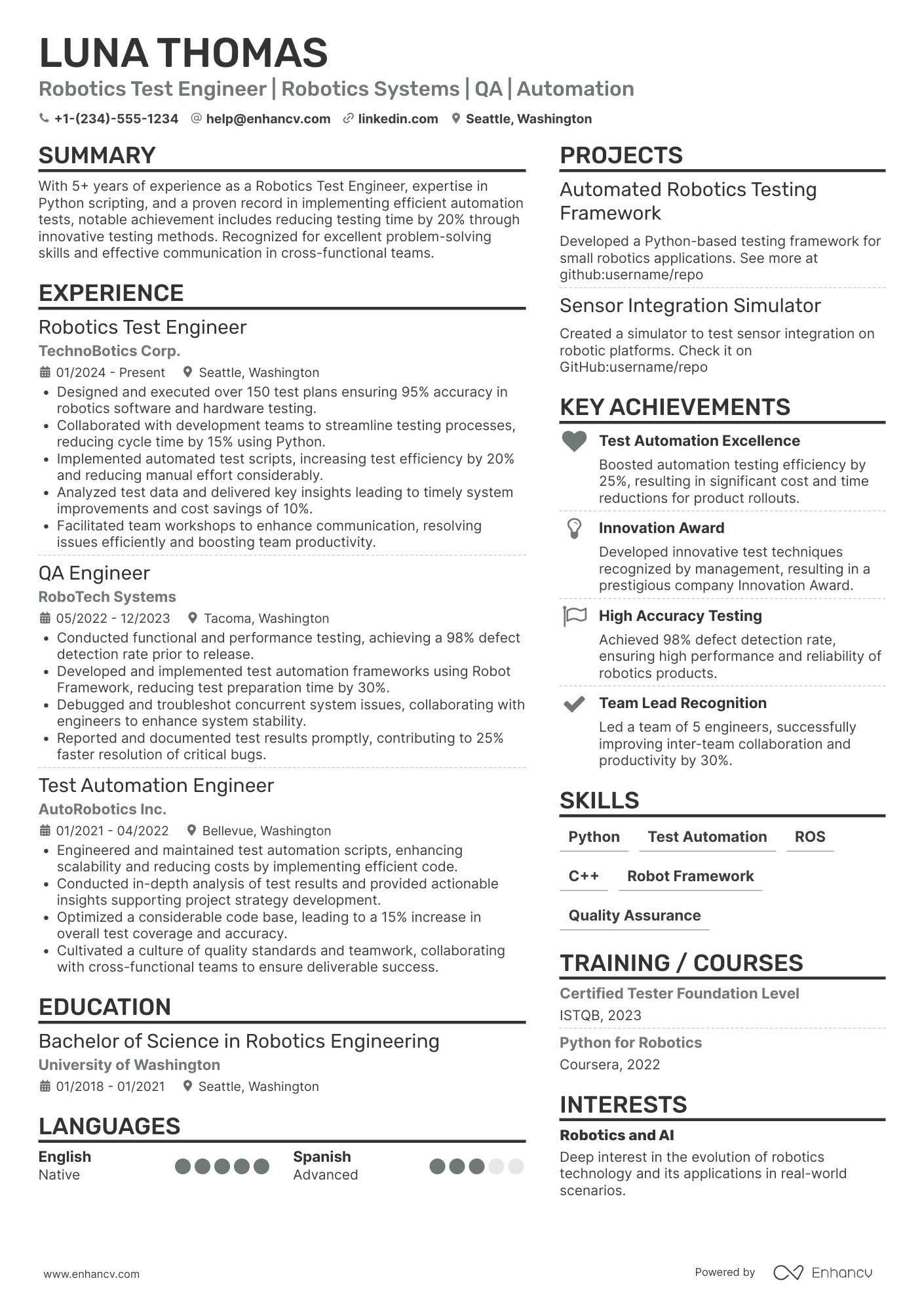 Robotics Test Engineer Resume Example