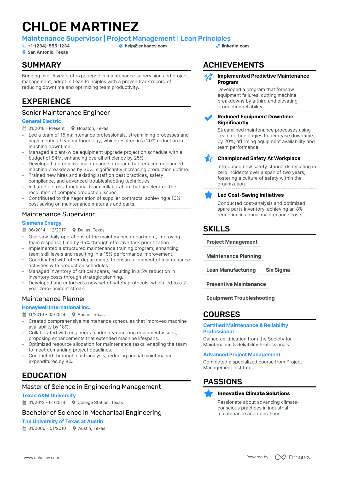 Maintenance Manager Resume Example