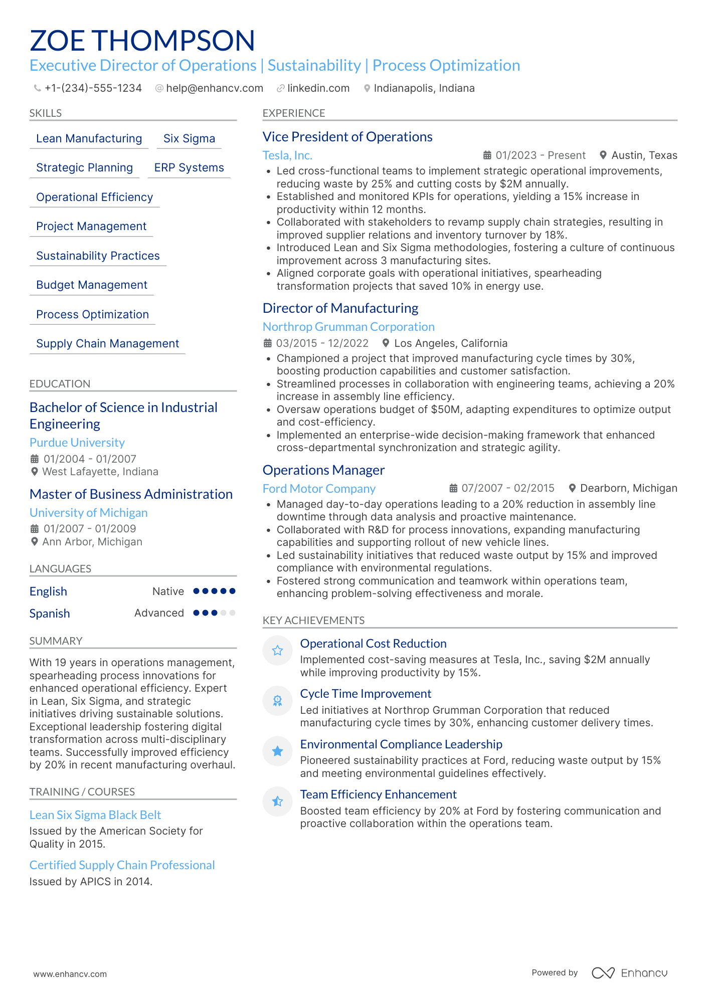 Executive Director of Operations Resume Example