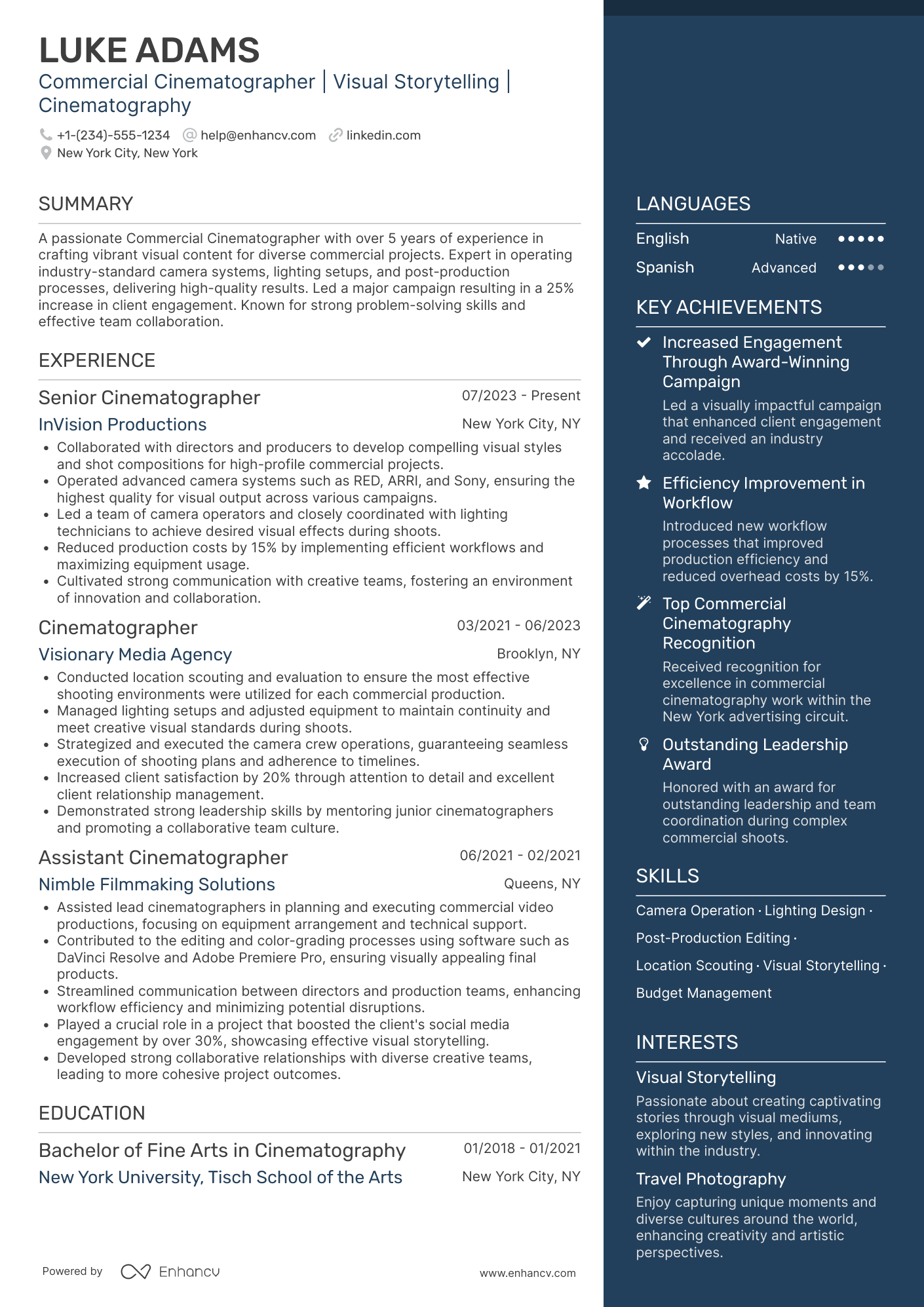 Commercial Cinematographer Resume Example