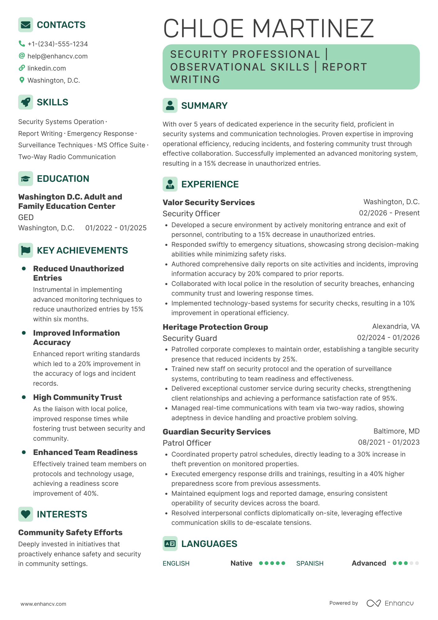 Unarmed Security Guard Resume Example