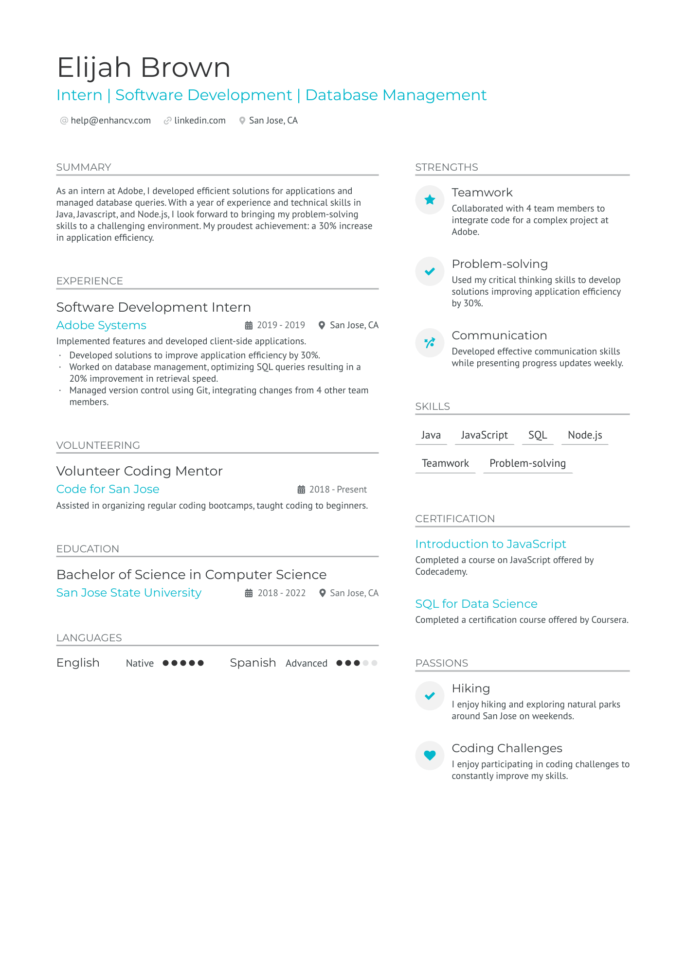 College Student For Internship Resume Example