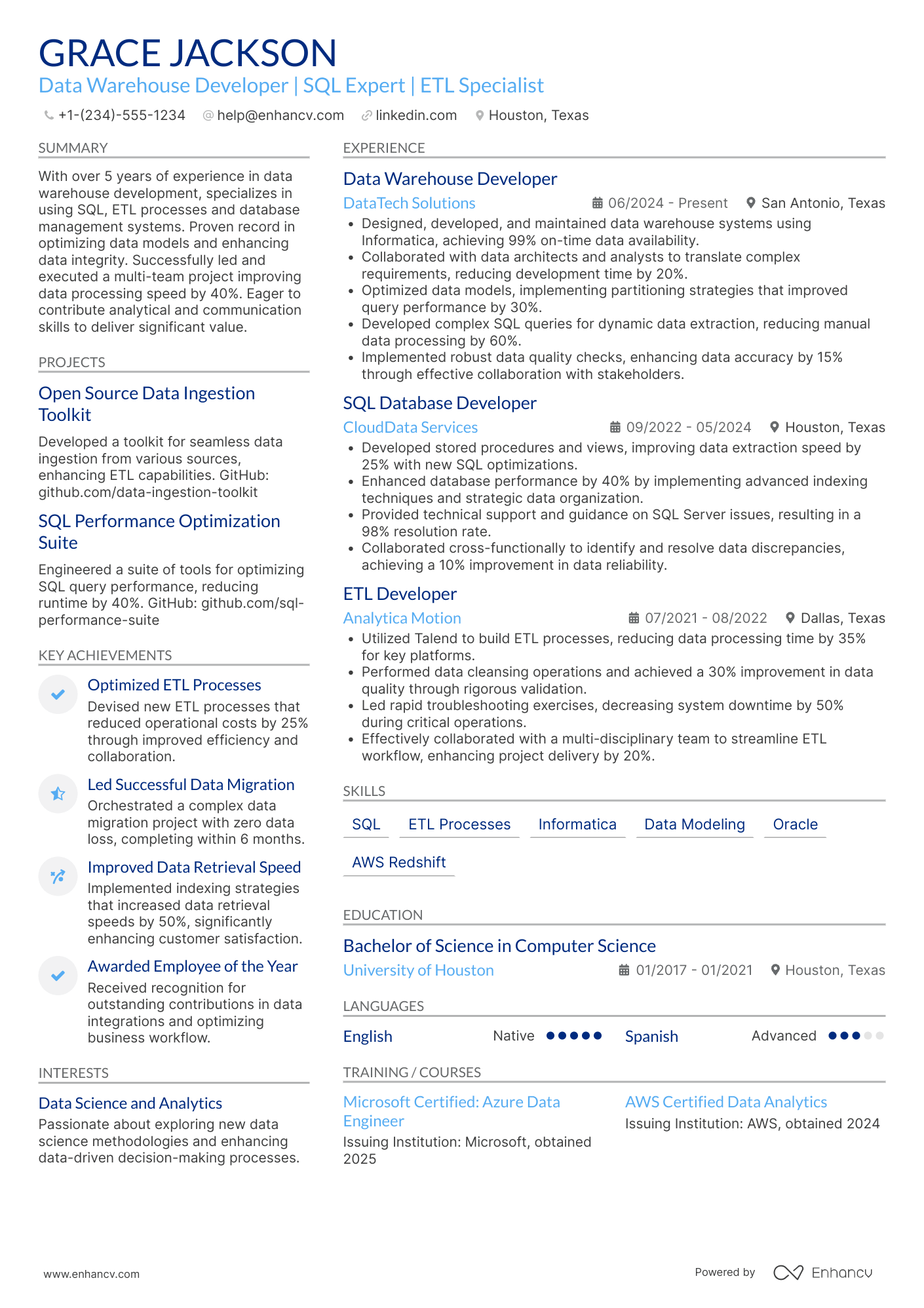 Data Warehouse Developer Resume Example