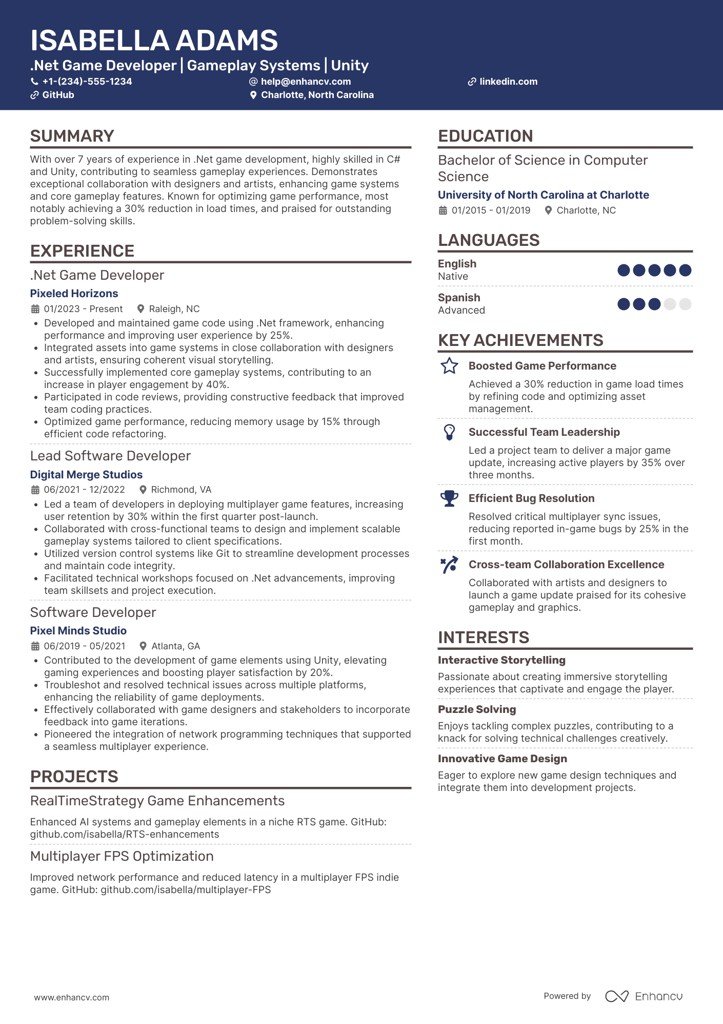 .Net Game Developer Resume Example