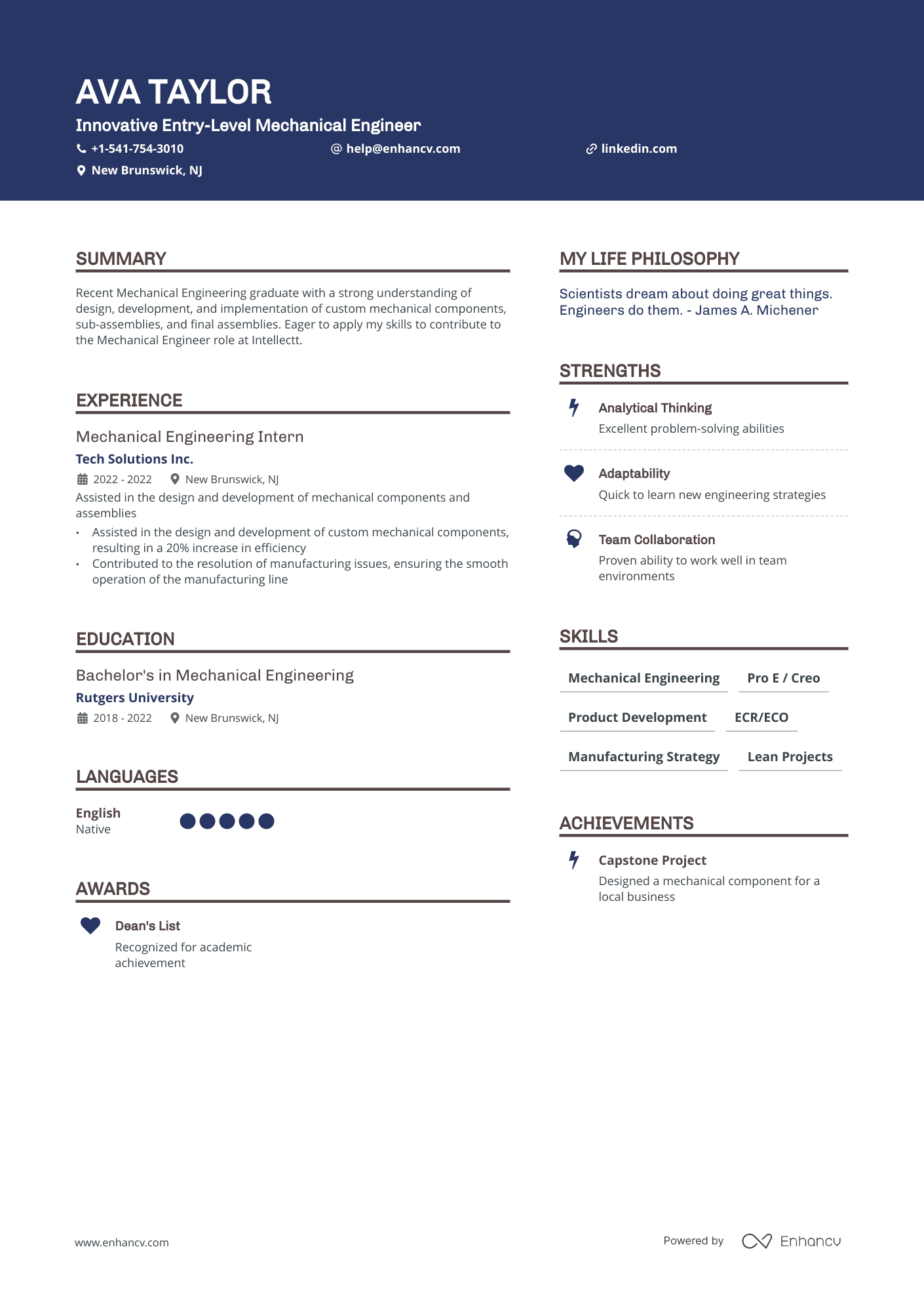 Entry Level Mechanical Engineer Resume Example