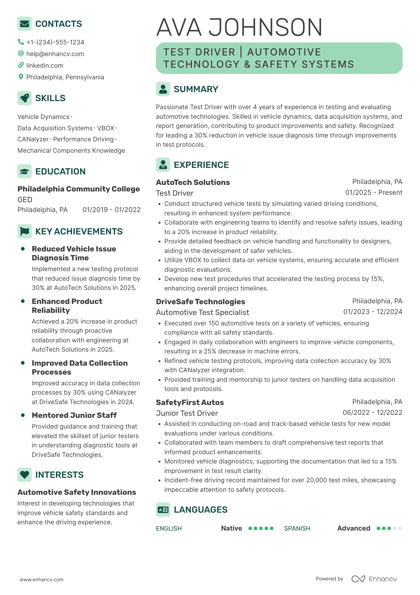 Test Driver Resume Example
