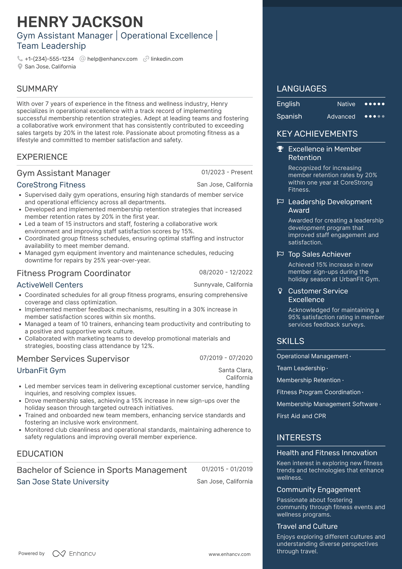 Gym Assistant Manager Resume Example