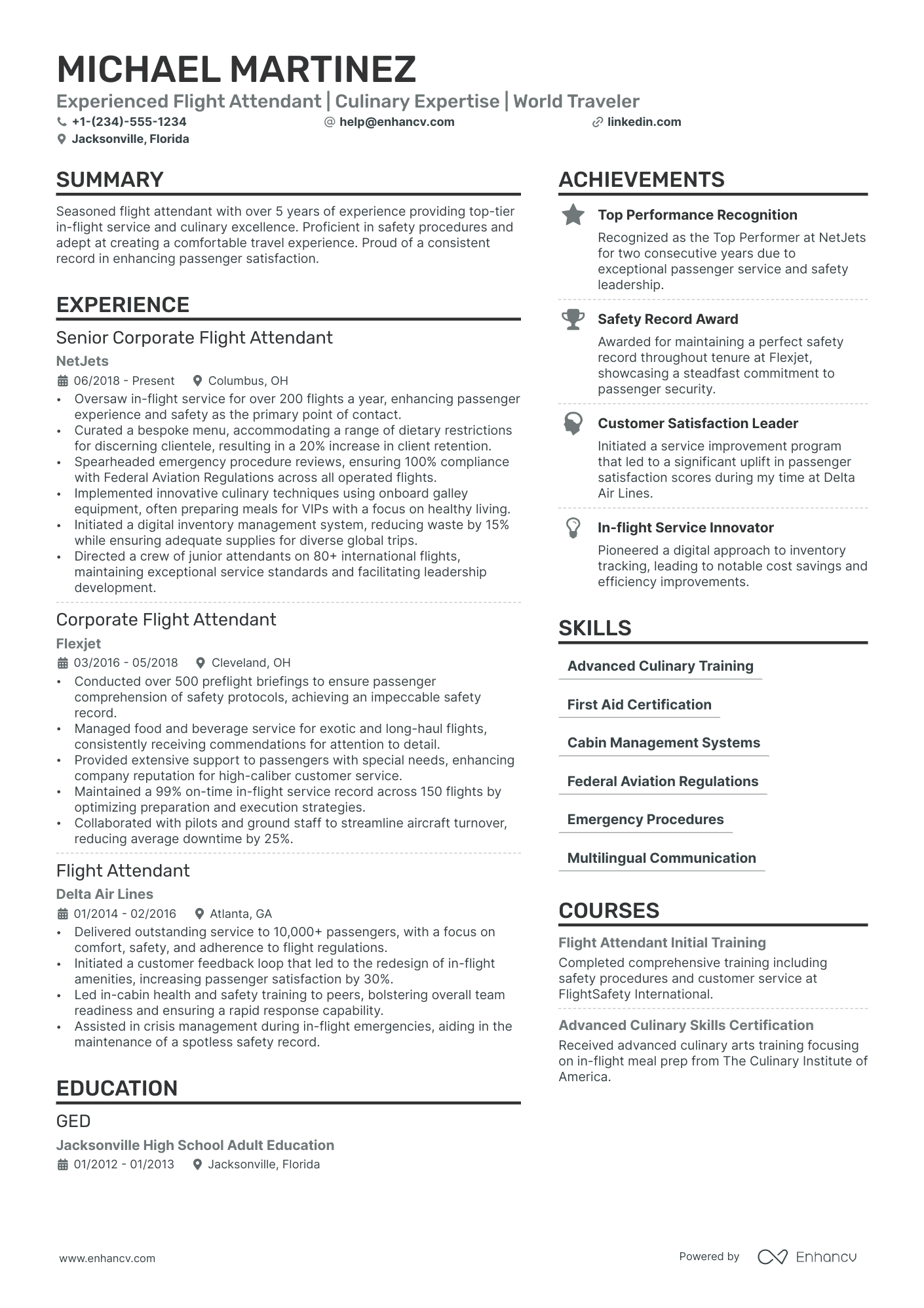Corporate Flight Attendant Resume Example