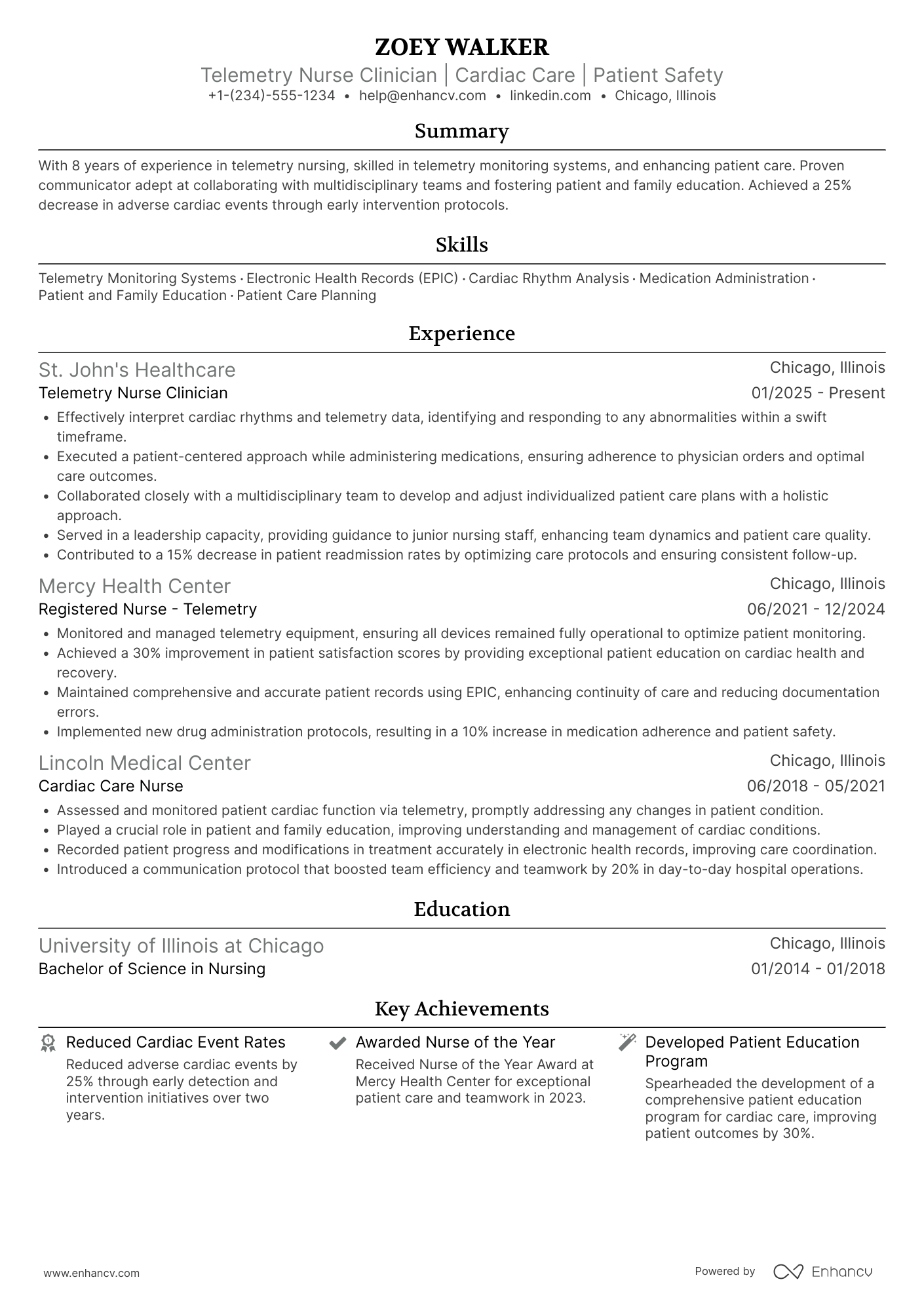 Telemetry Nurse Clinician Resume Example
