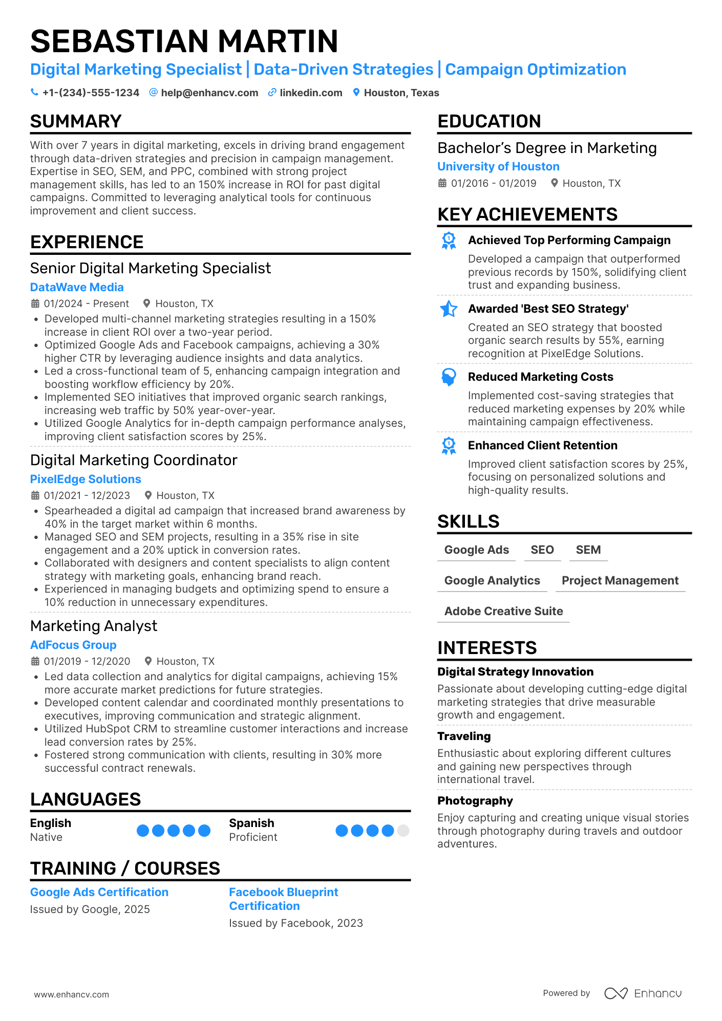 Digital Marketing Specialist Resume Example