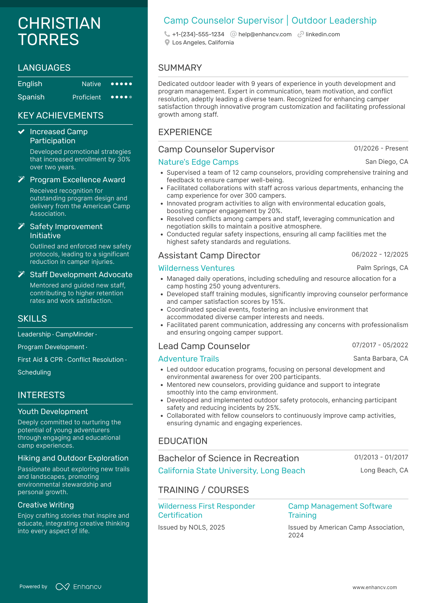 Camp Counselor Supervisor Resume Example