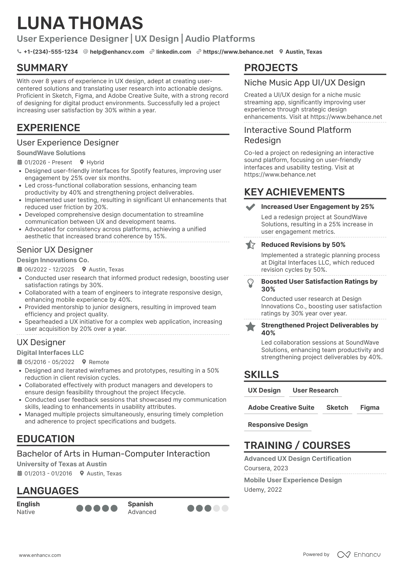 Spotify User Experience Designer Resume Example