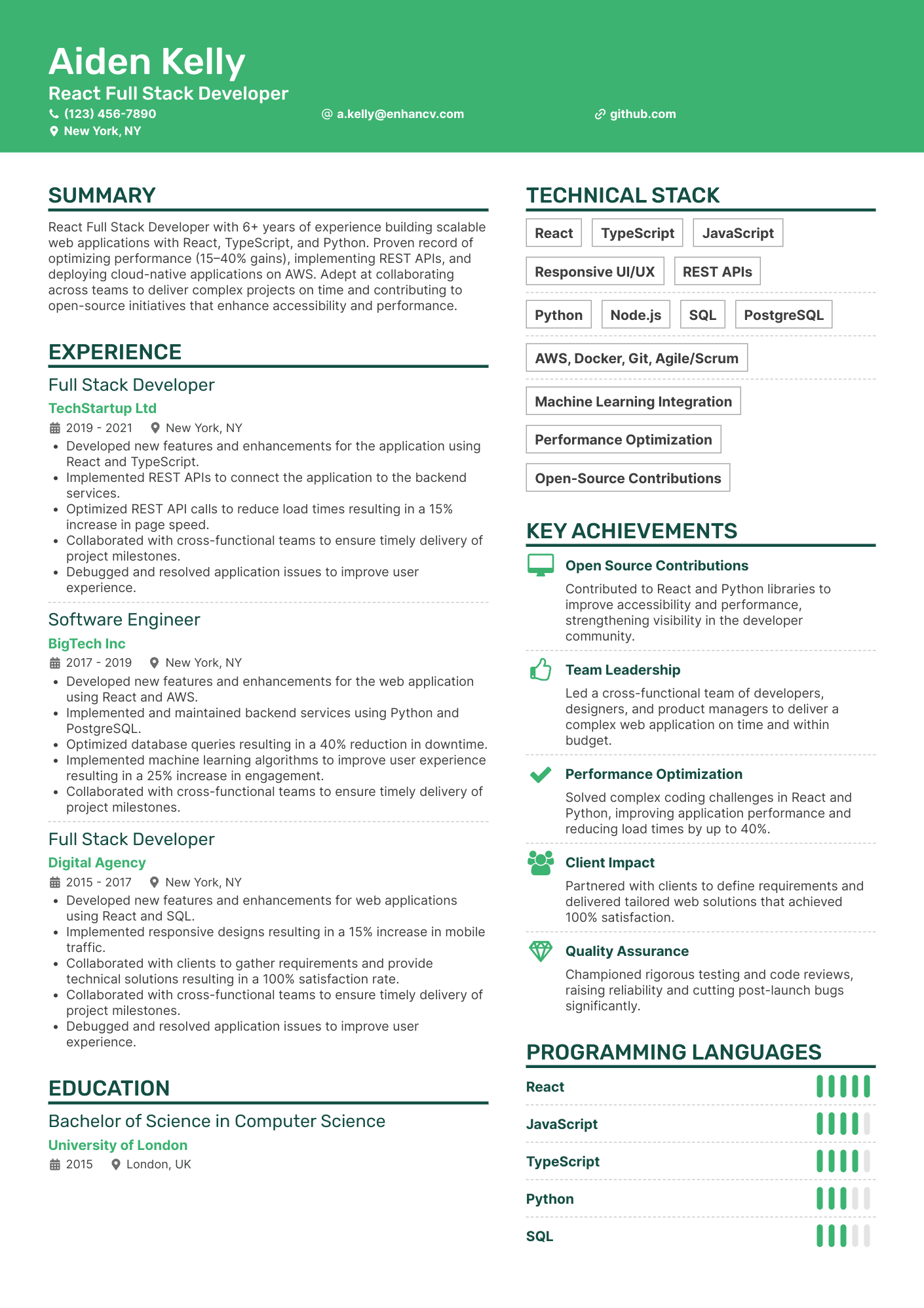 React Full Stack Developer Resume Example