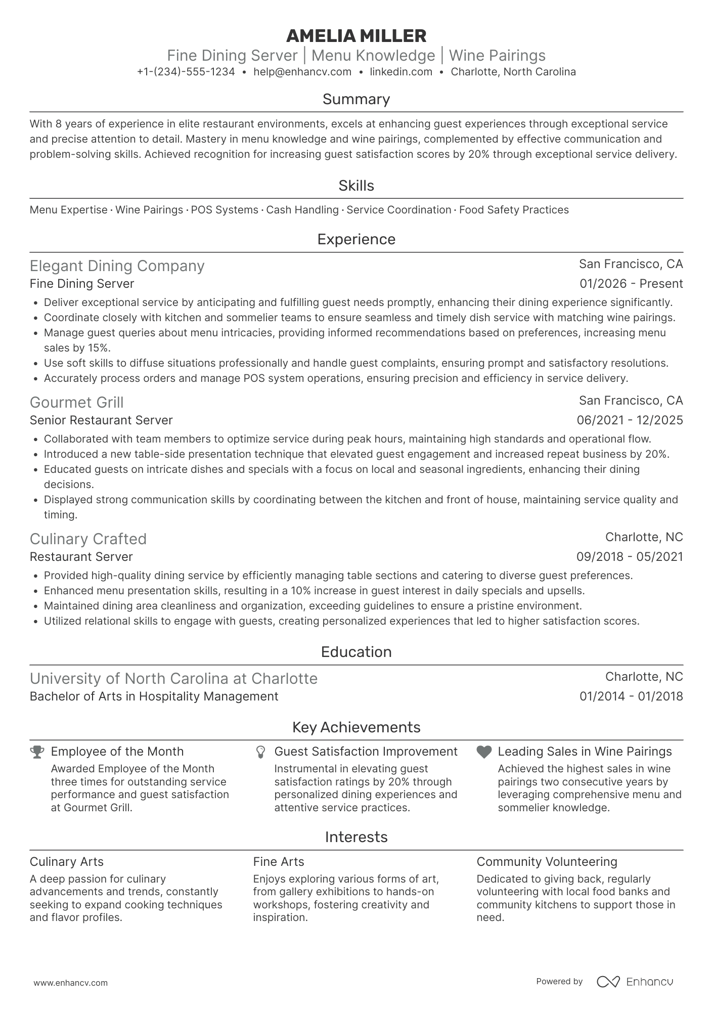Fine Dining Resume Example