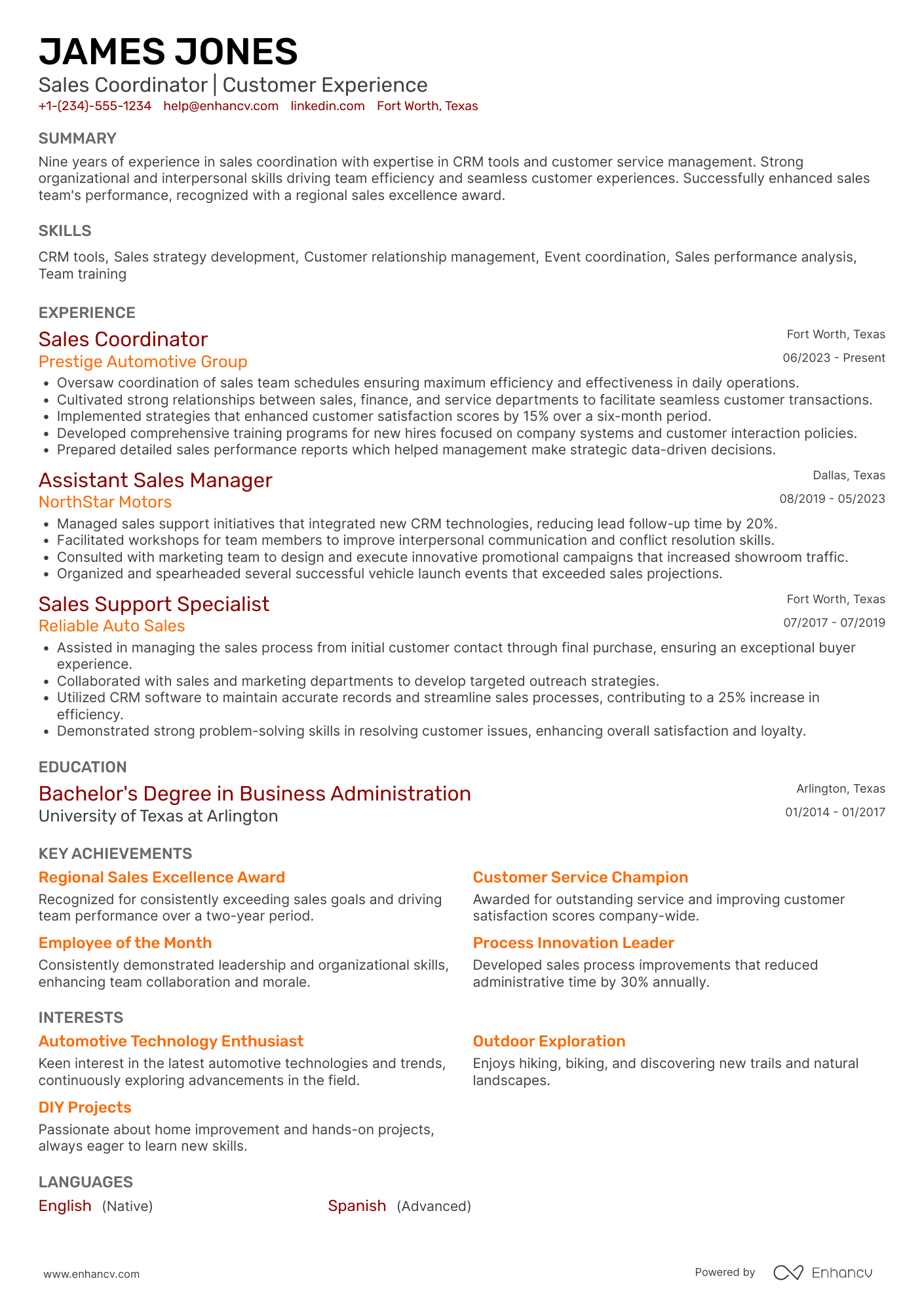 Car Salesman Coordinator Resume Example