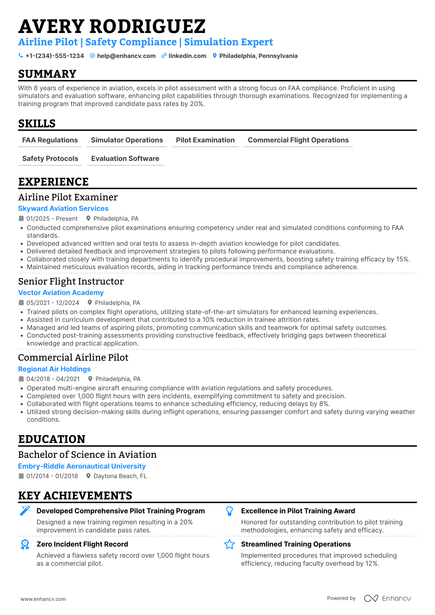 Airline Pilot Examiner Resume Example