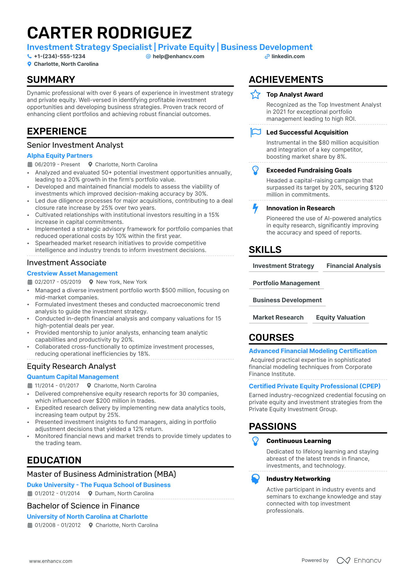 Private Equity Resume Example