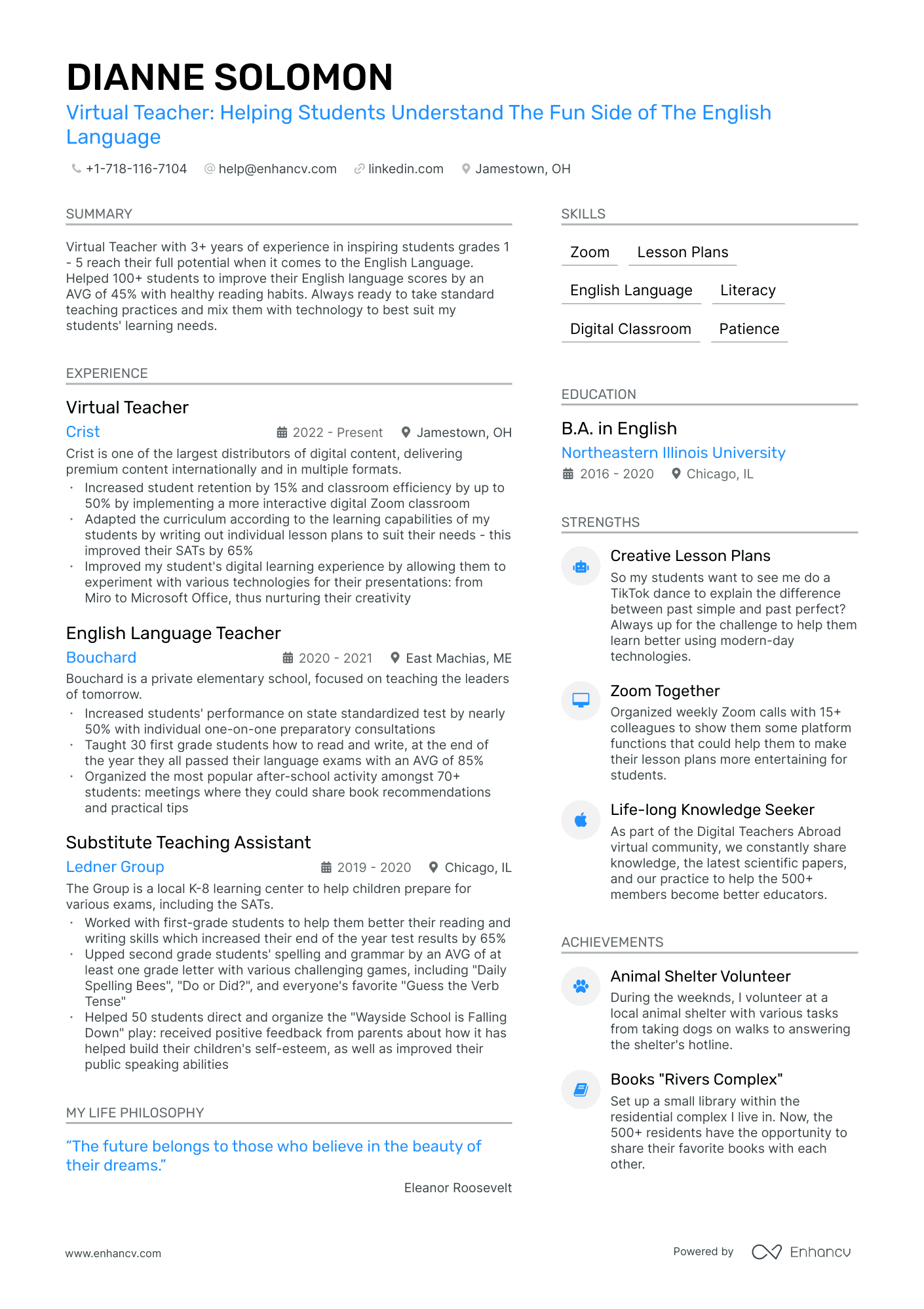 Virtual Teacher Resume Example