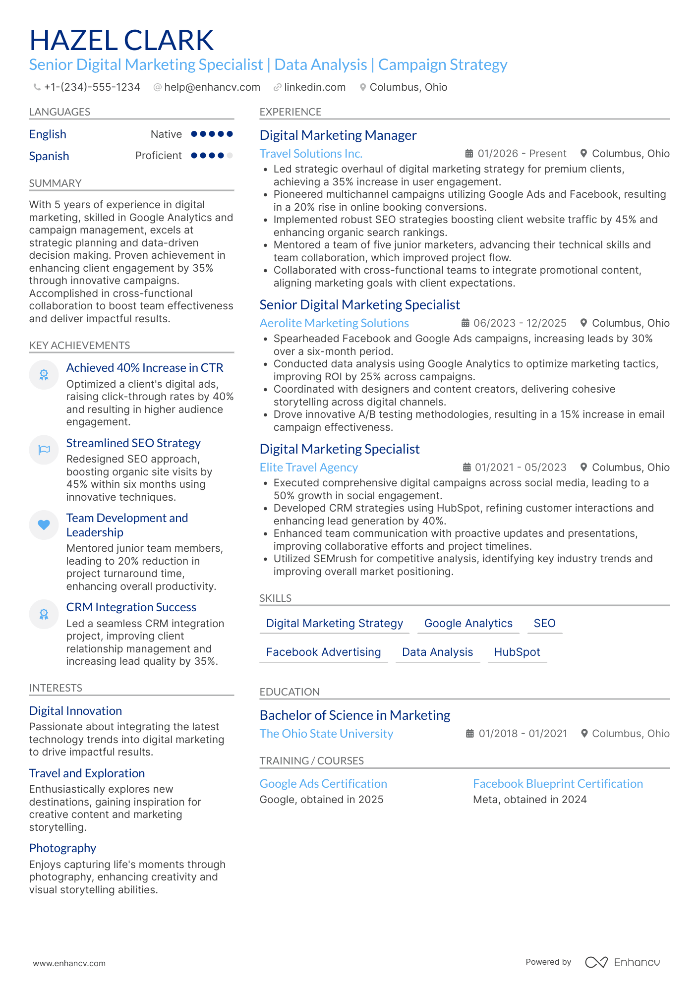 Senior Digital Marketing Specialist Resume Example