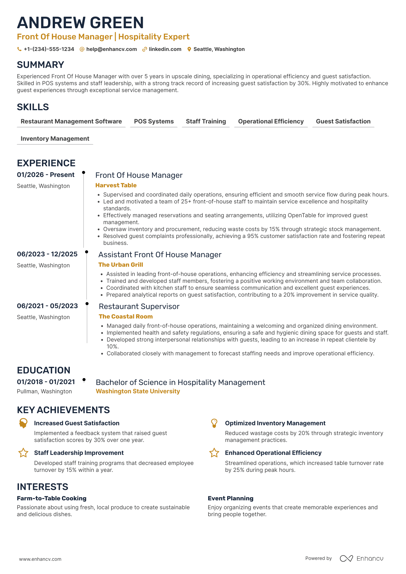 Front Of House Manager Resume Example