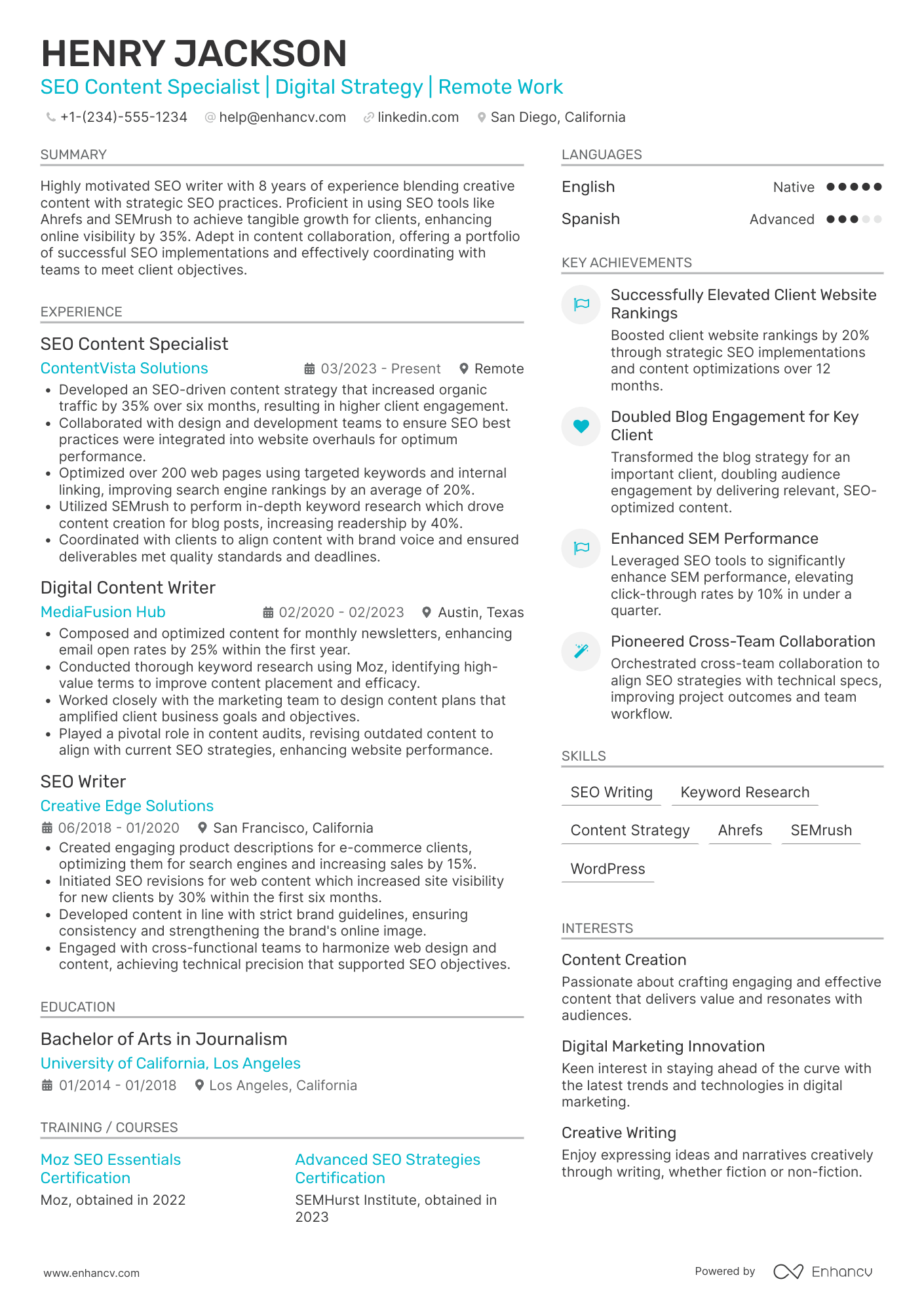 Freelance SEO Writer Resume Example