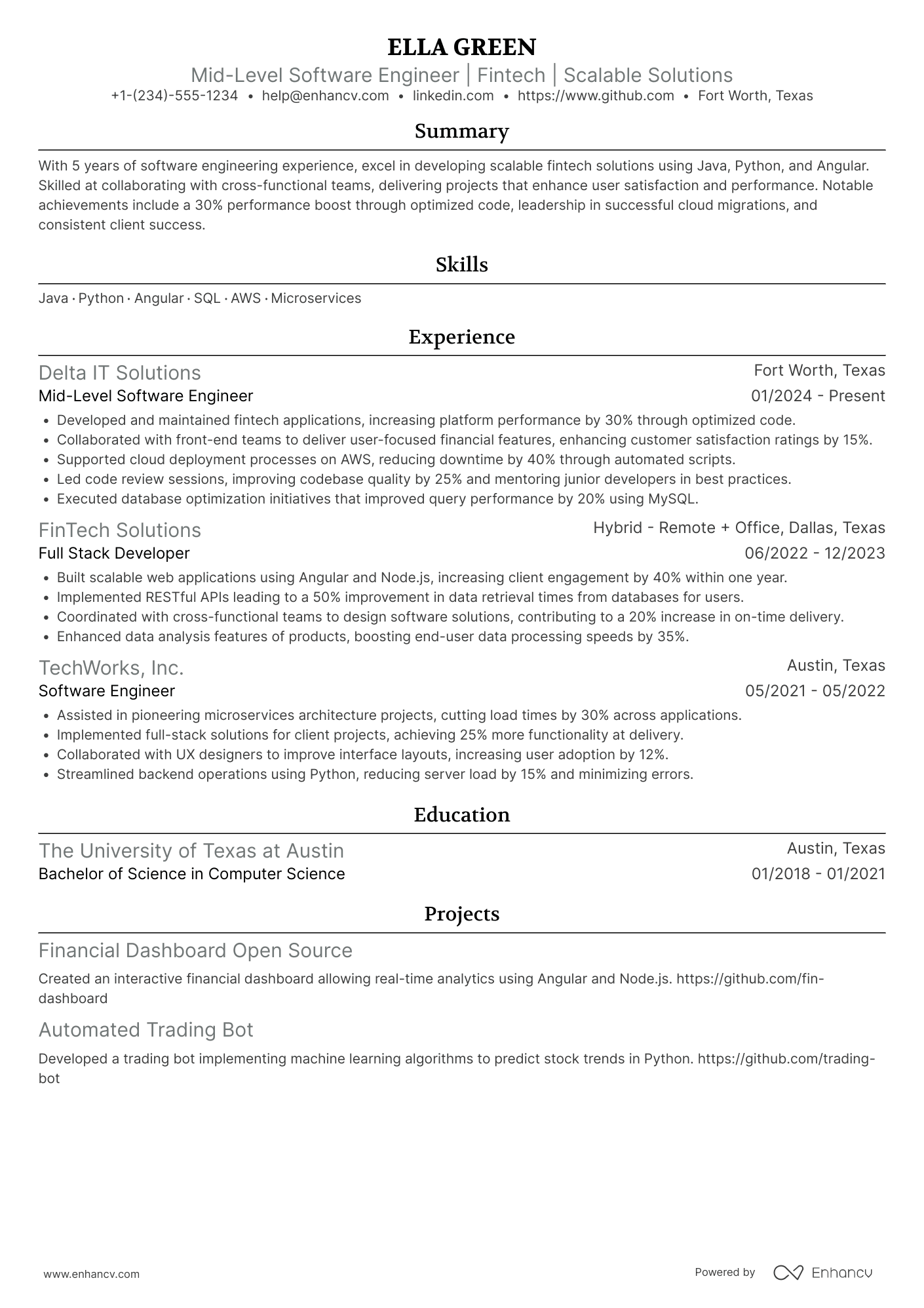 Mid Level Software Engineer Resume Example
