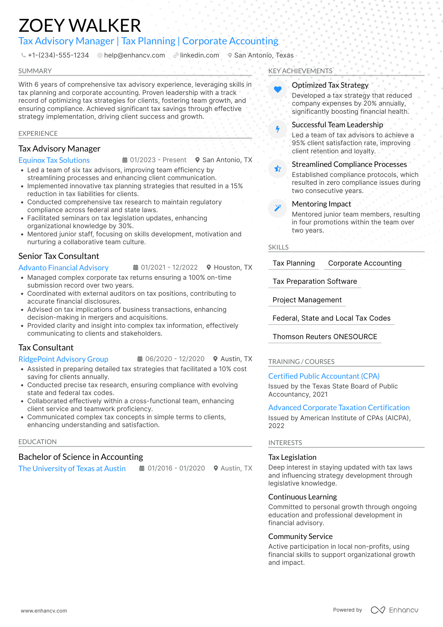 Tax Advisory Manager Resume Example