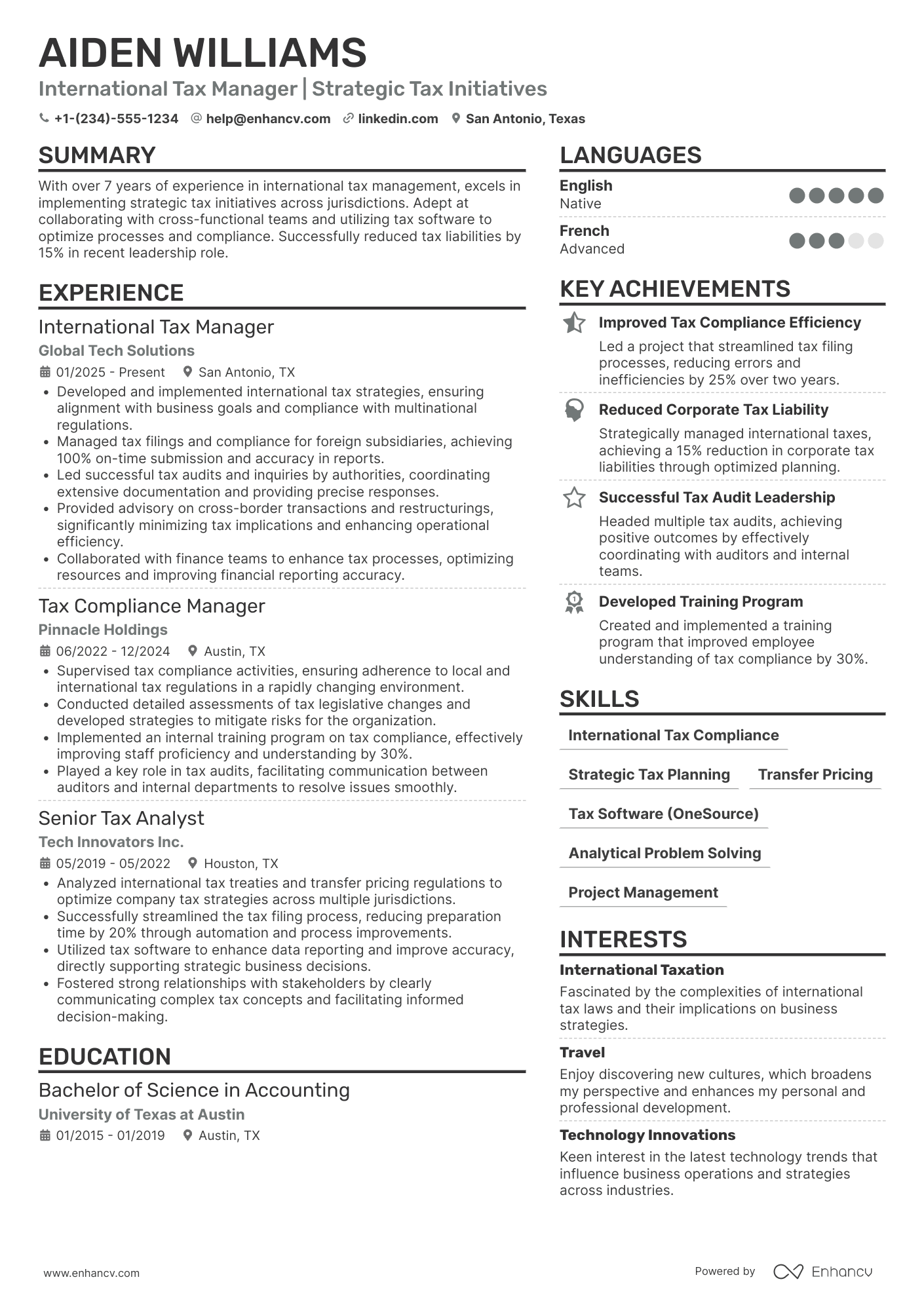 International Tax Manager Resume Example