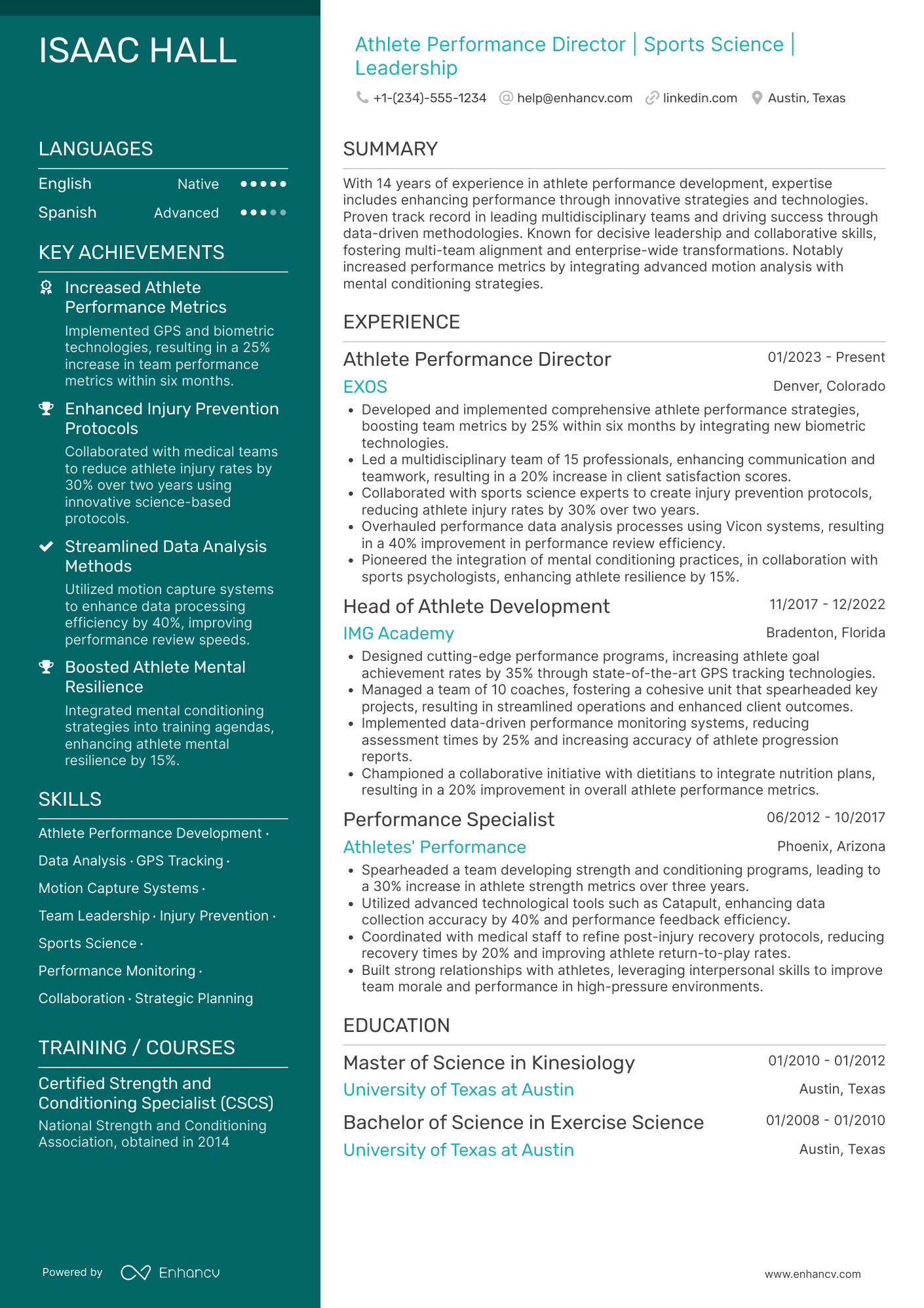 Athlete Performance Director Resume Example