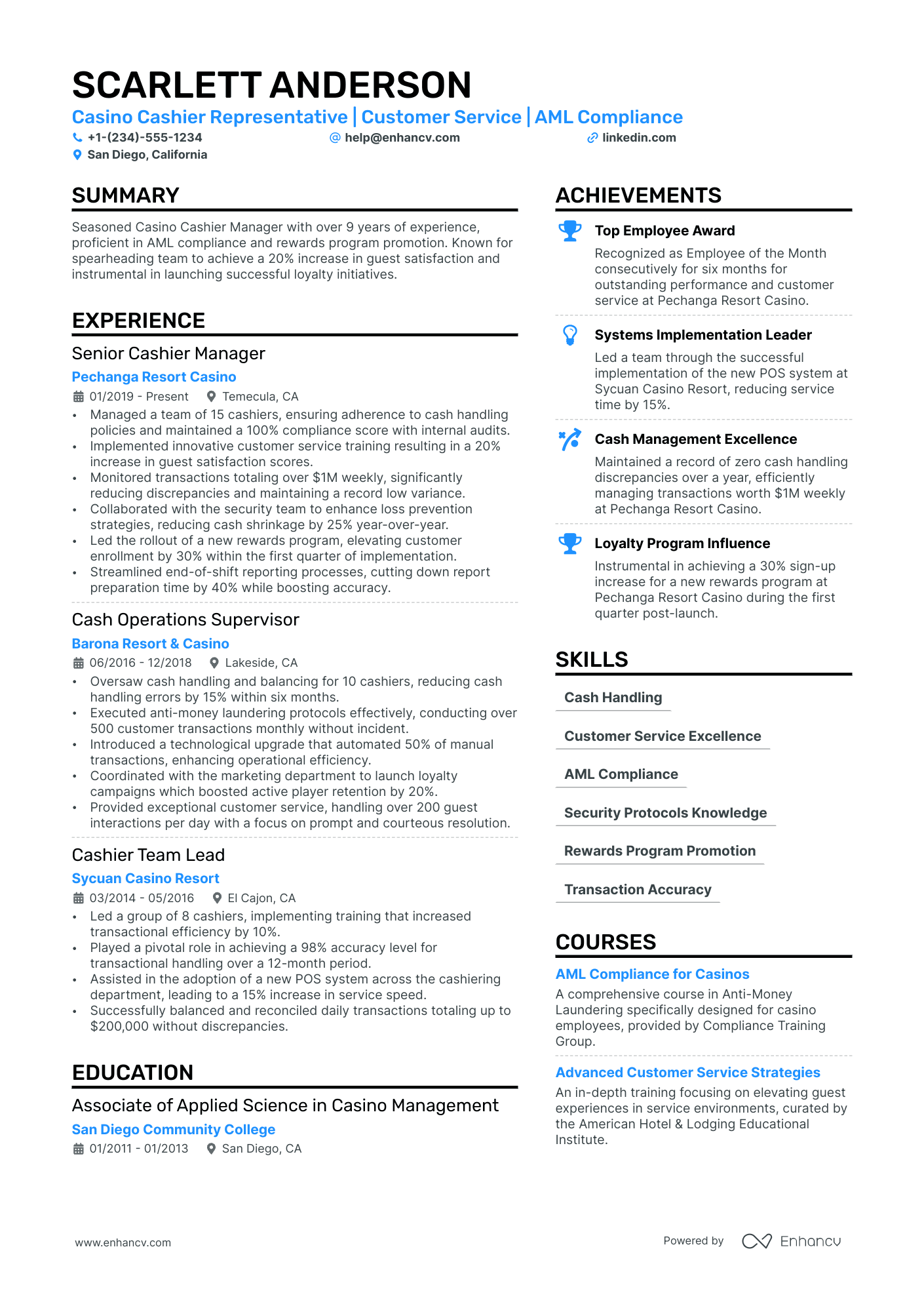Casino Cashier Resume Example