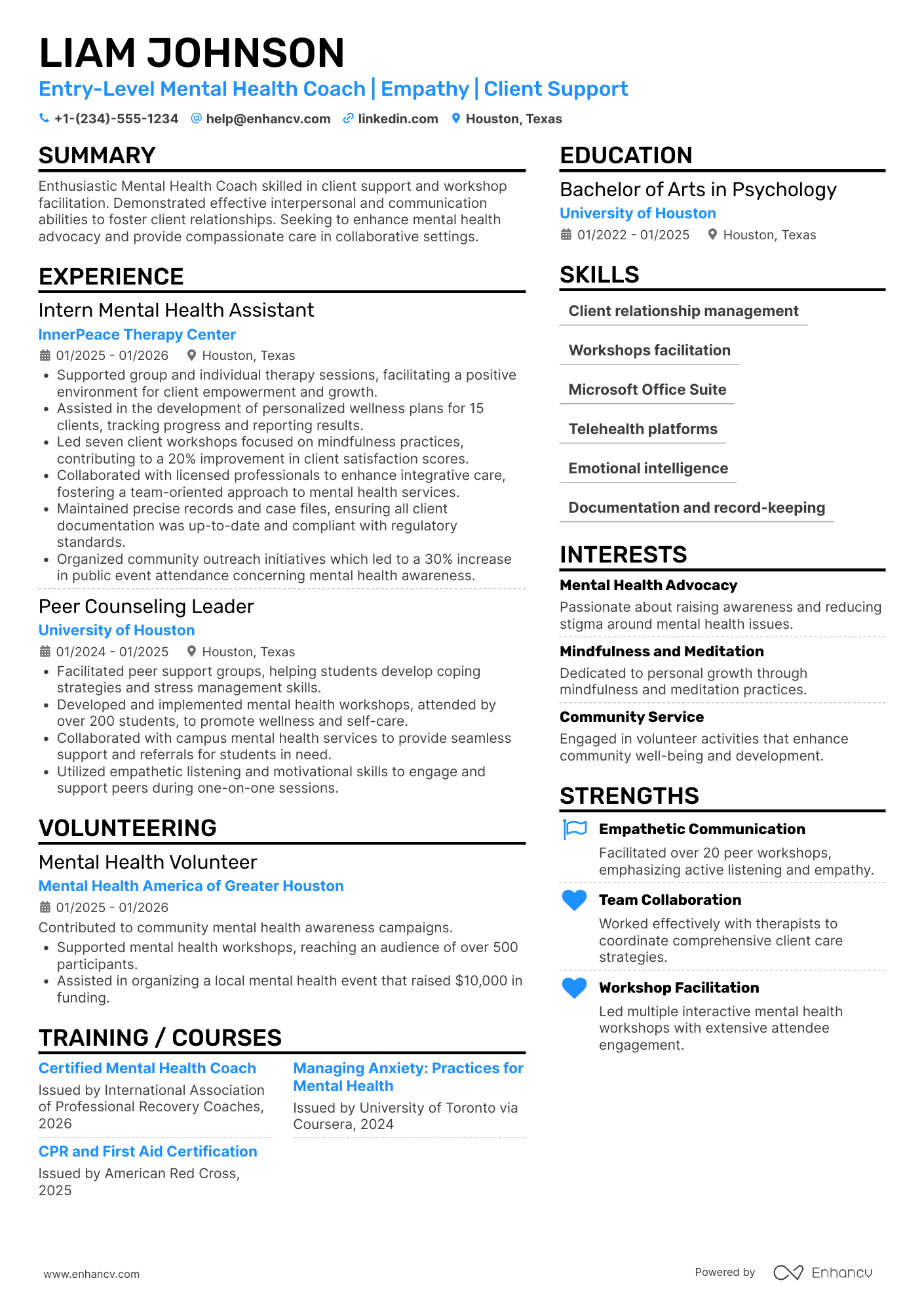 Entry Level Mental Health Coach Resume Example