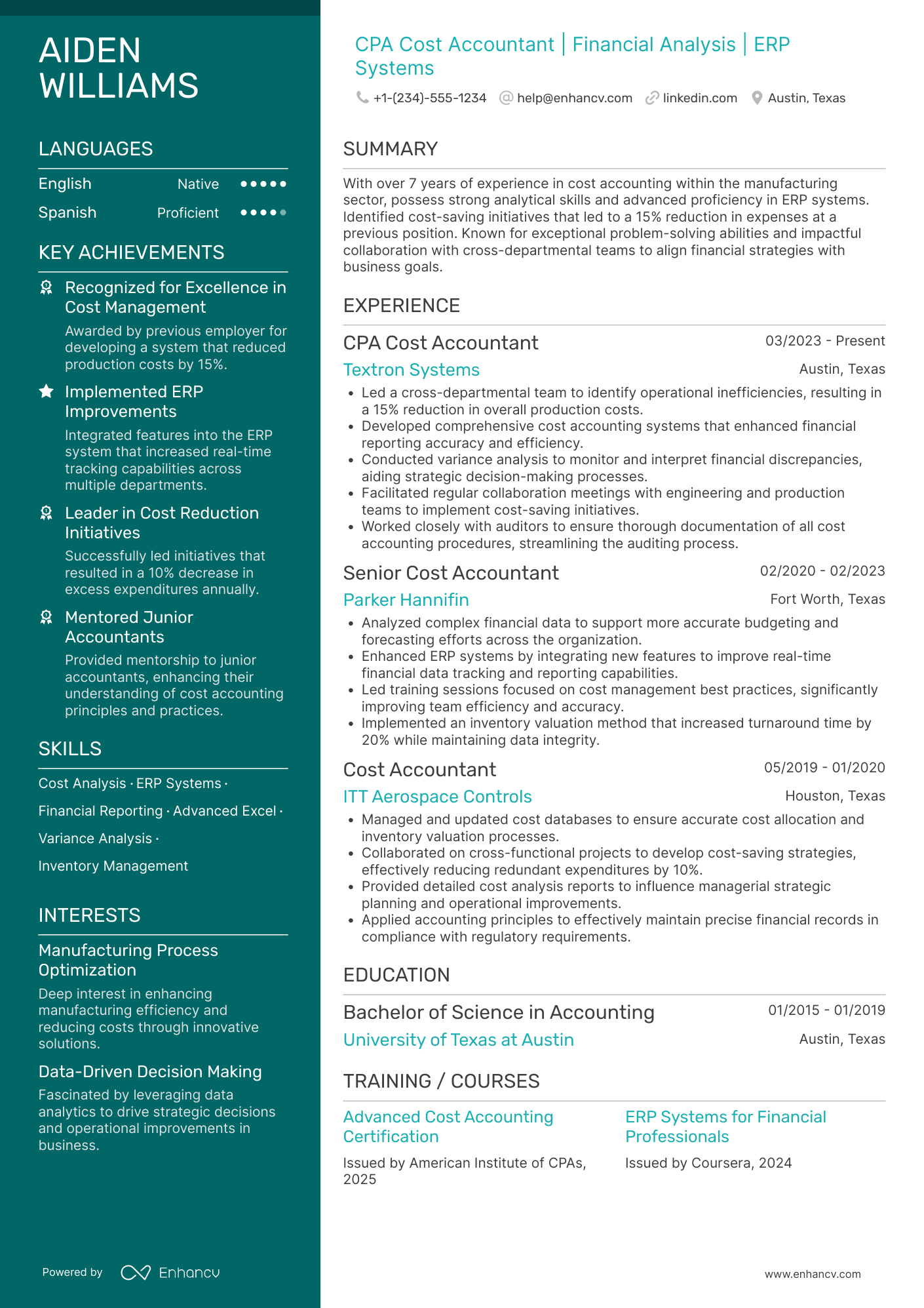 CPA Cost Accountant Resume Example
