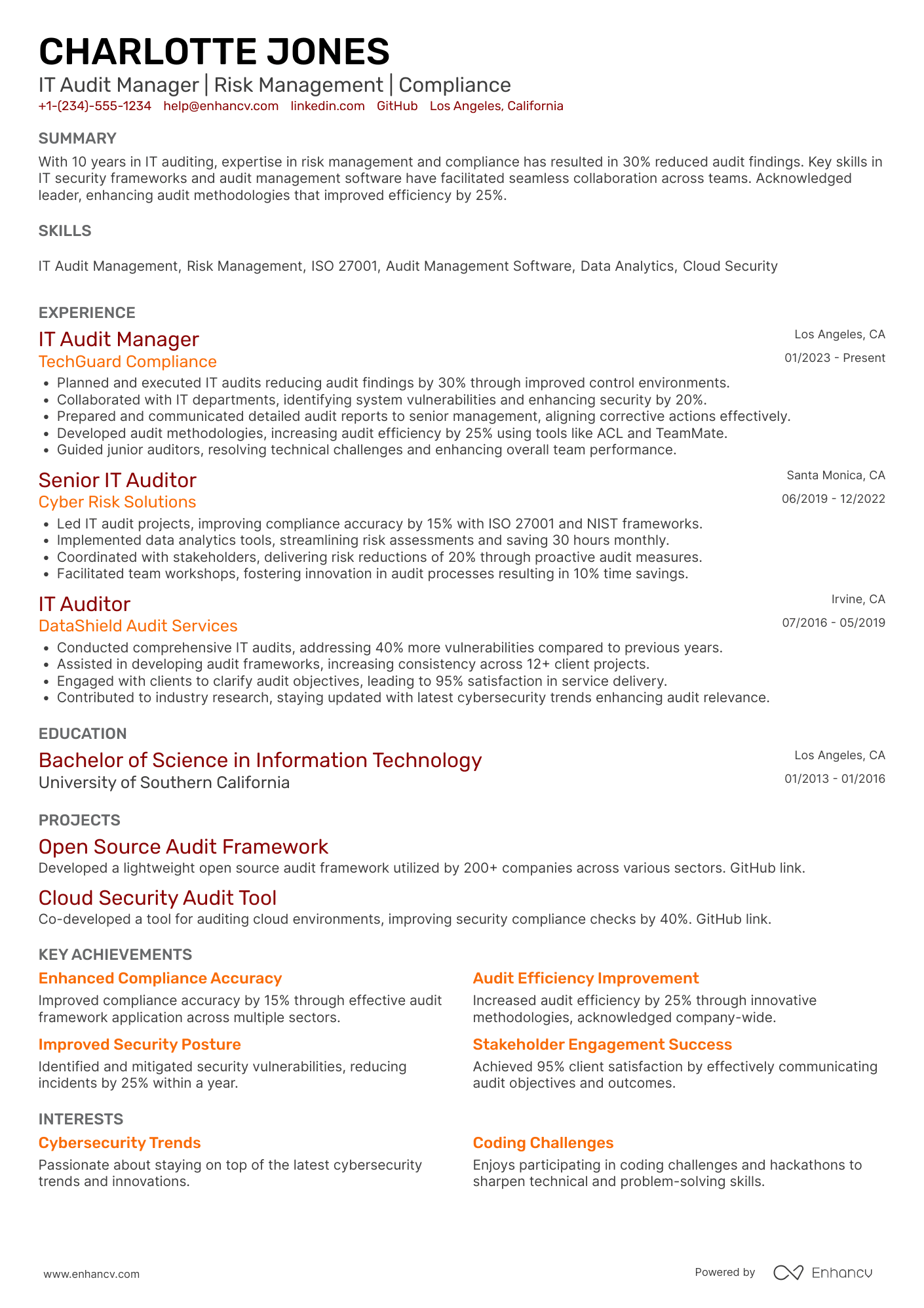 IT Audit Manager Resume Example