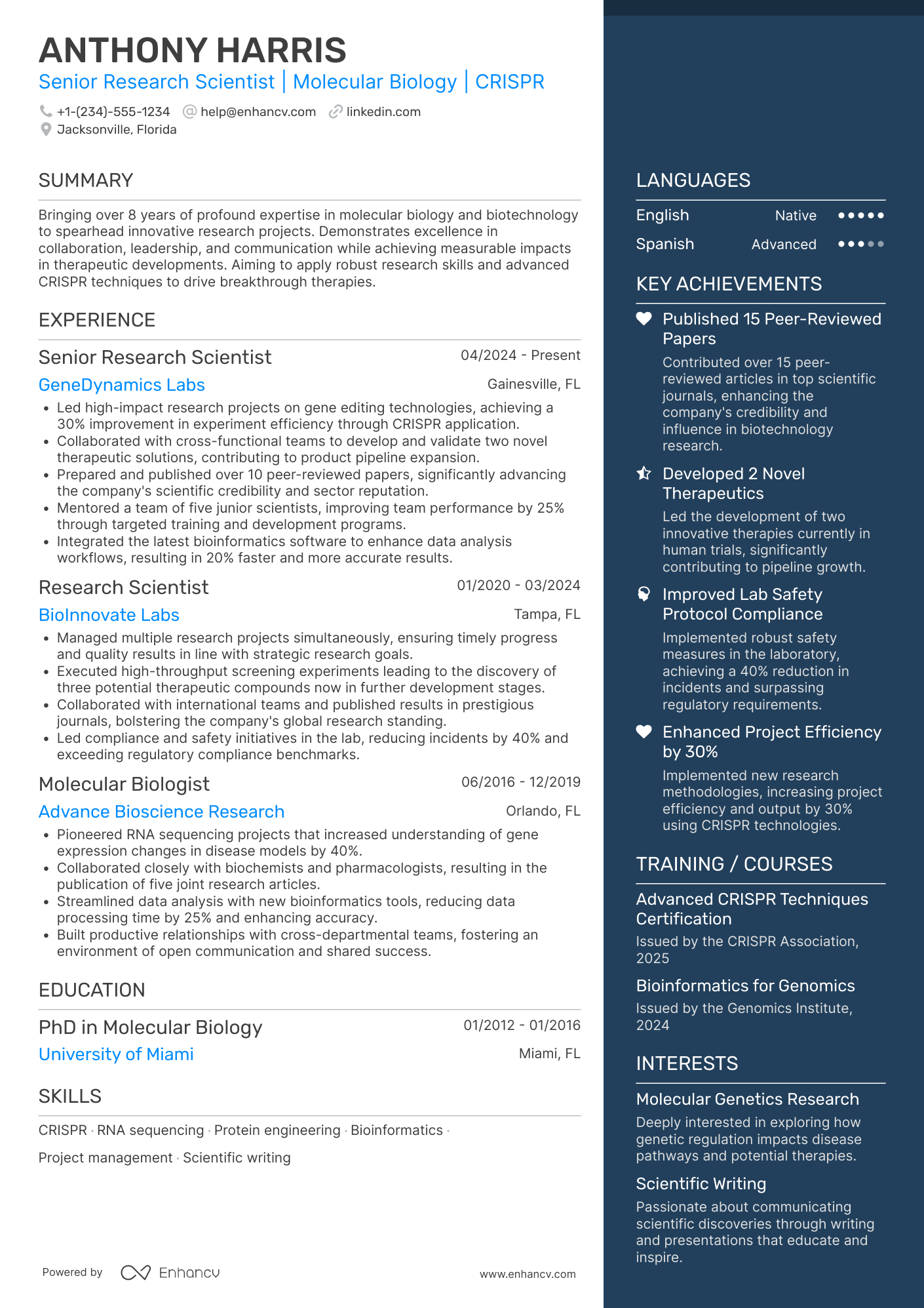 Senior PhD Research Scientist Resume Example