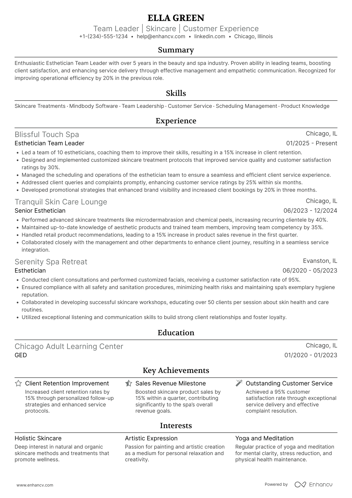 Esthetician Team Leader Resume Example