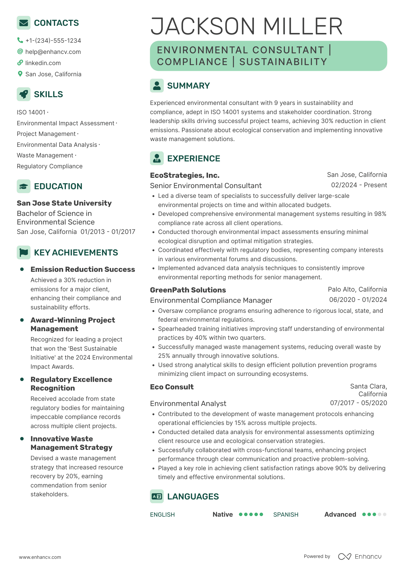 Environmental Protection Manager Resume Example