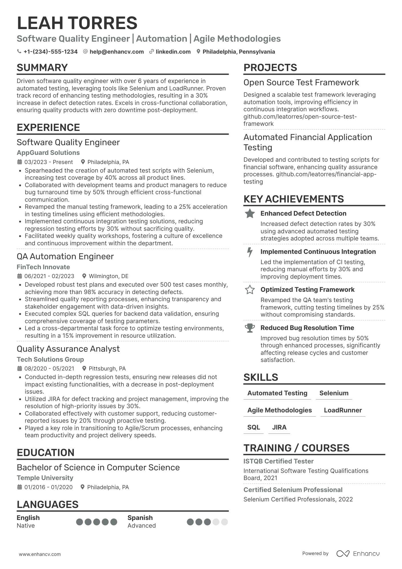 Software Quality Engineer Resume Example