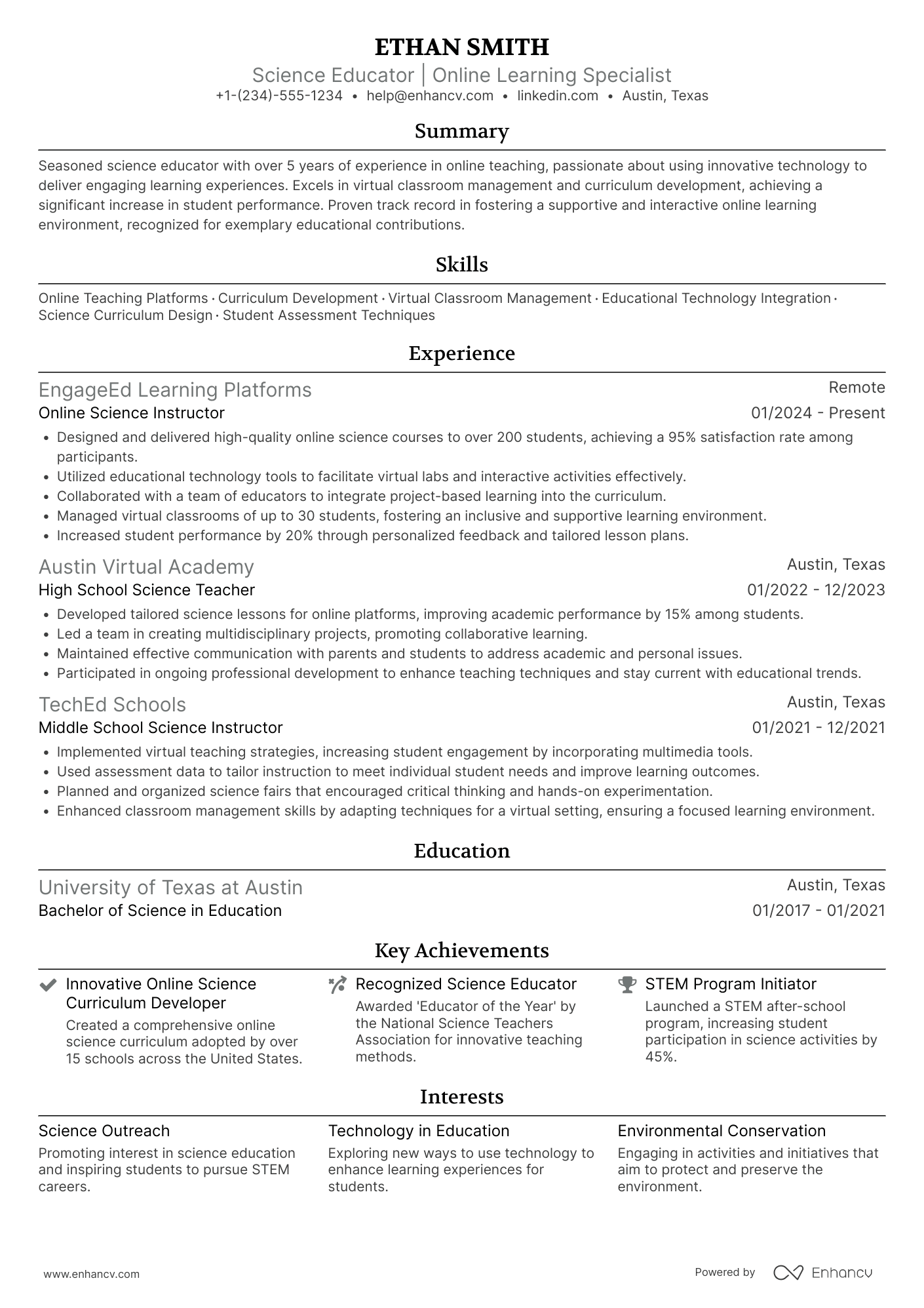 Online Science Teacher Resume Example