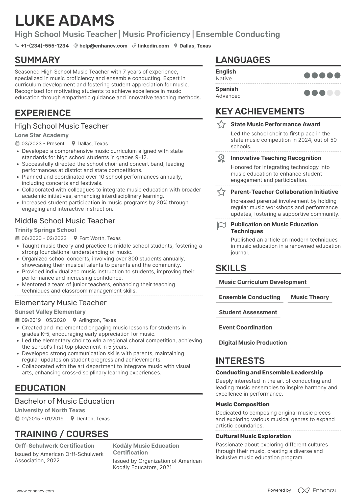 High School Music Teacher Resume Example