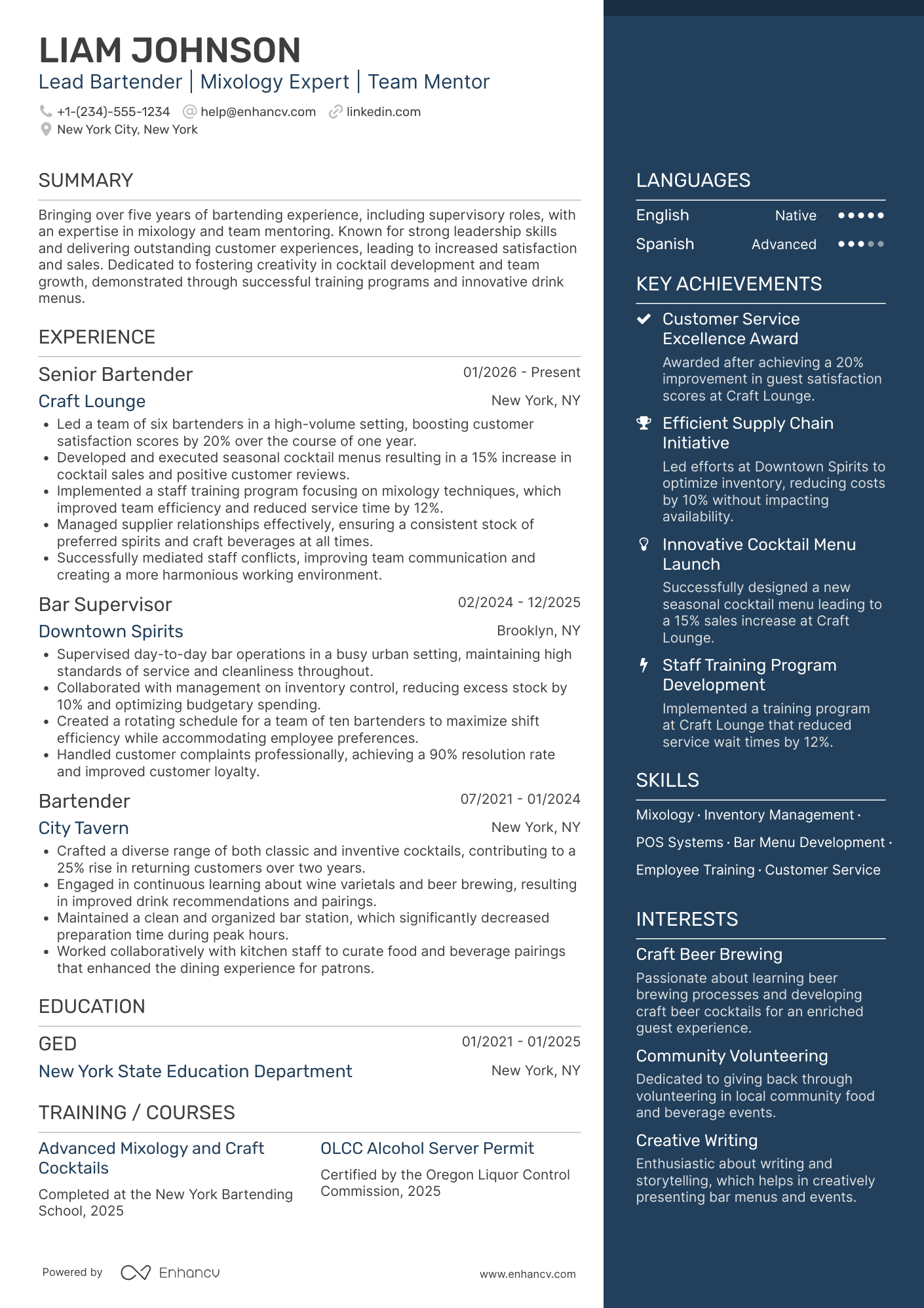 Lead Bartender Resume Example