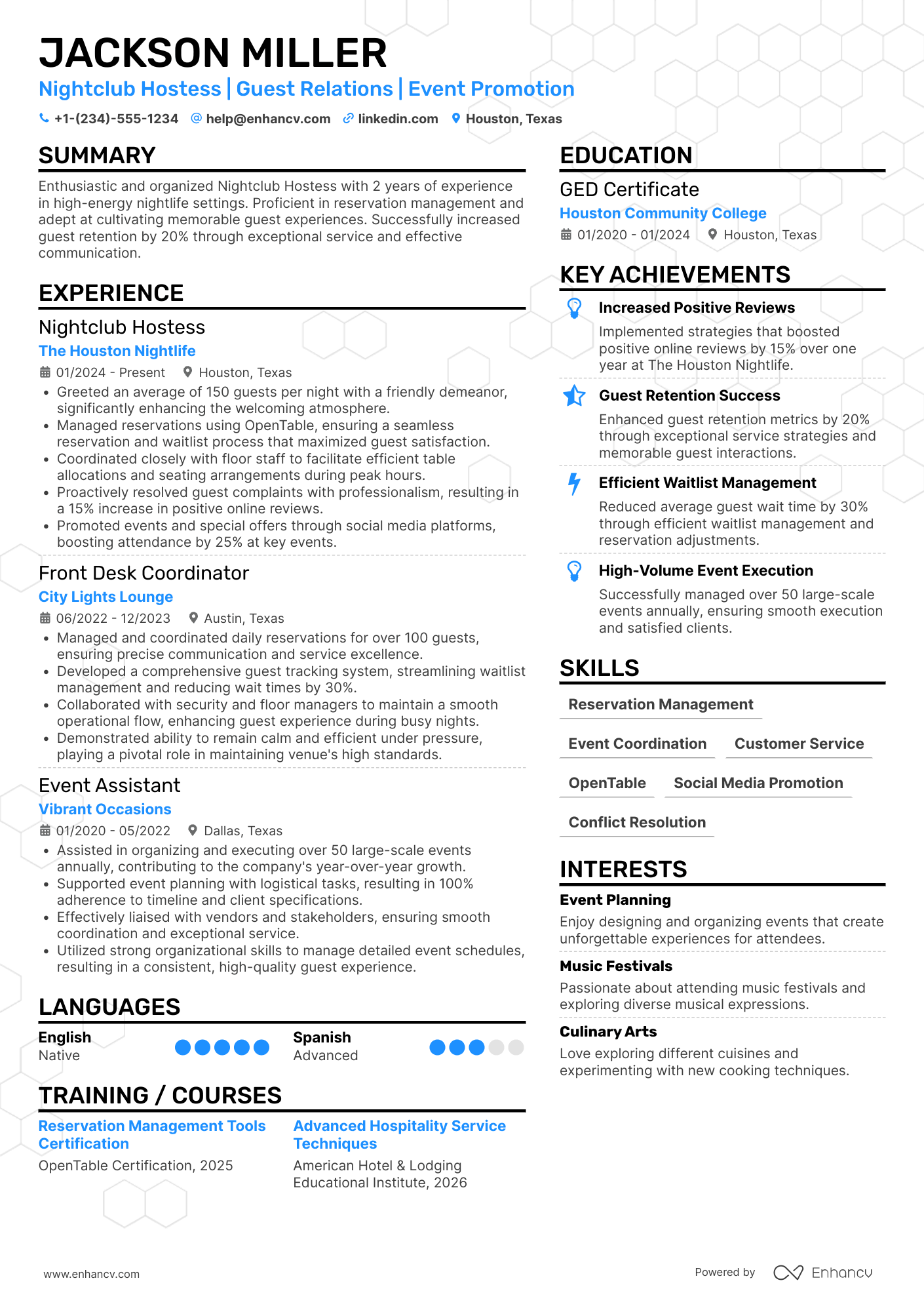 Nightclub Hostess Resume Example
