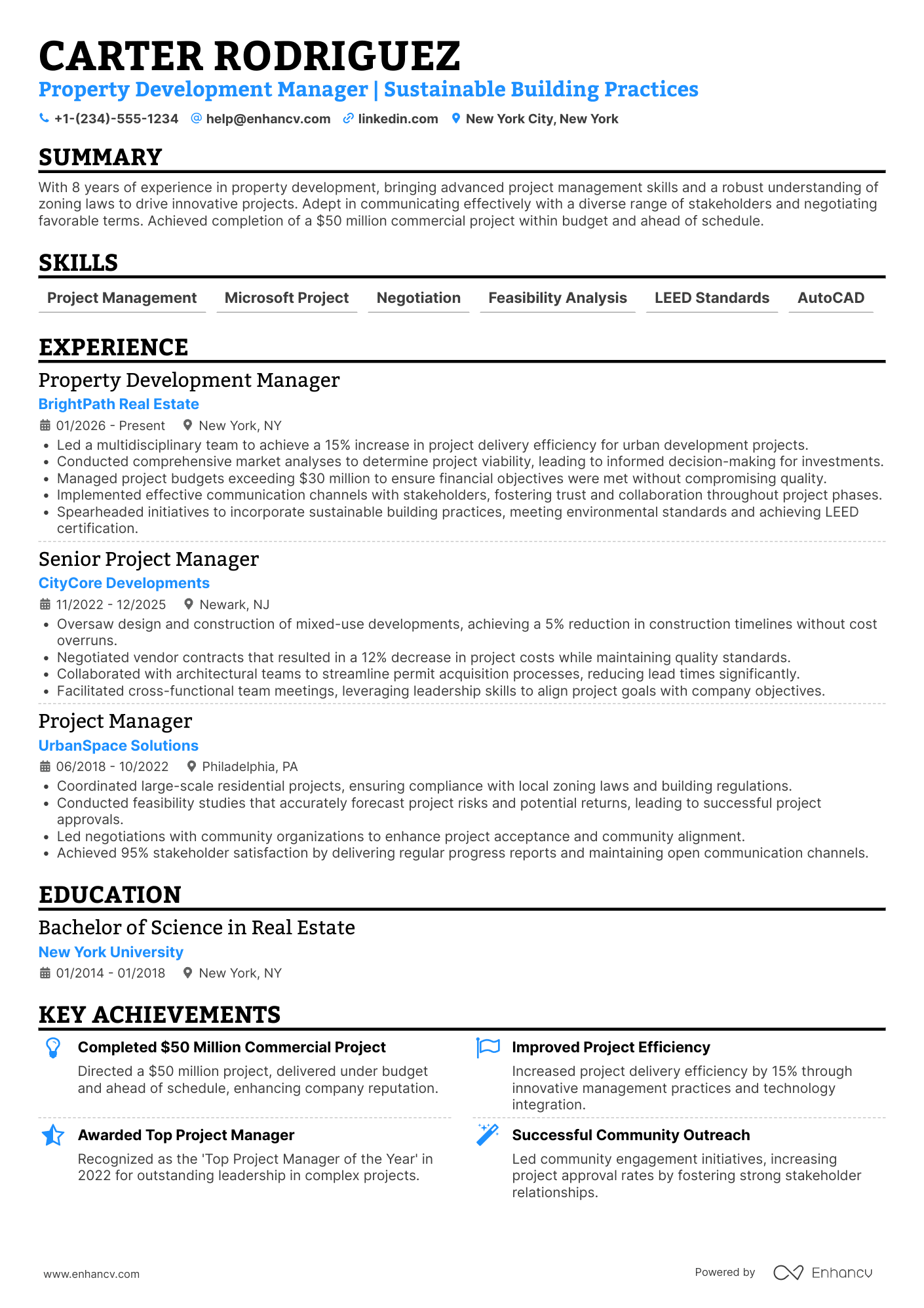 Property Development Manager Resume Example