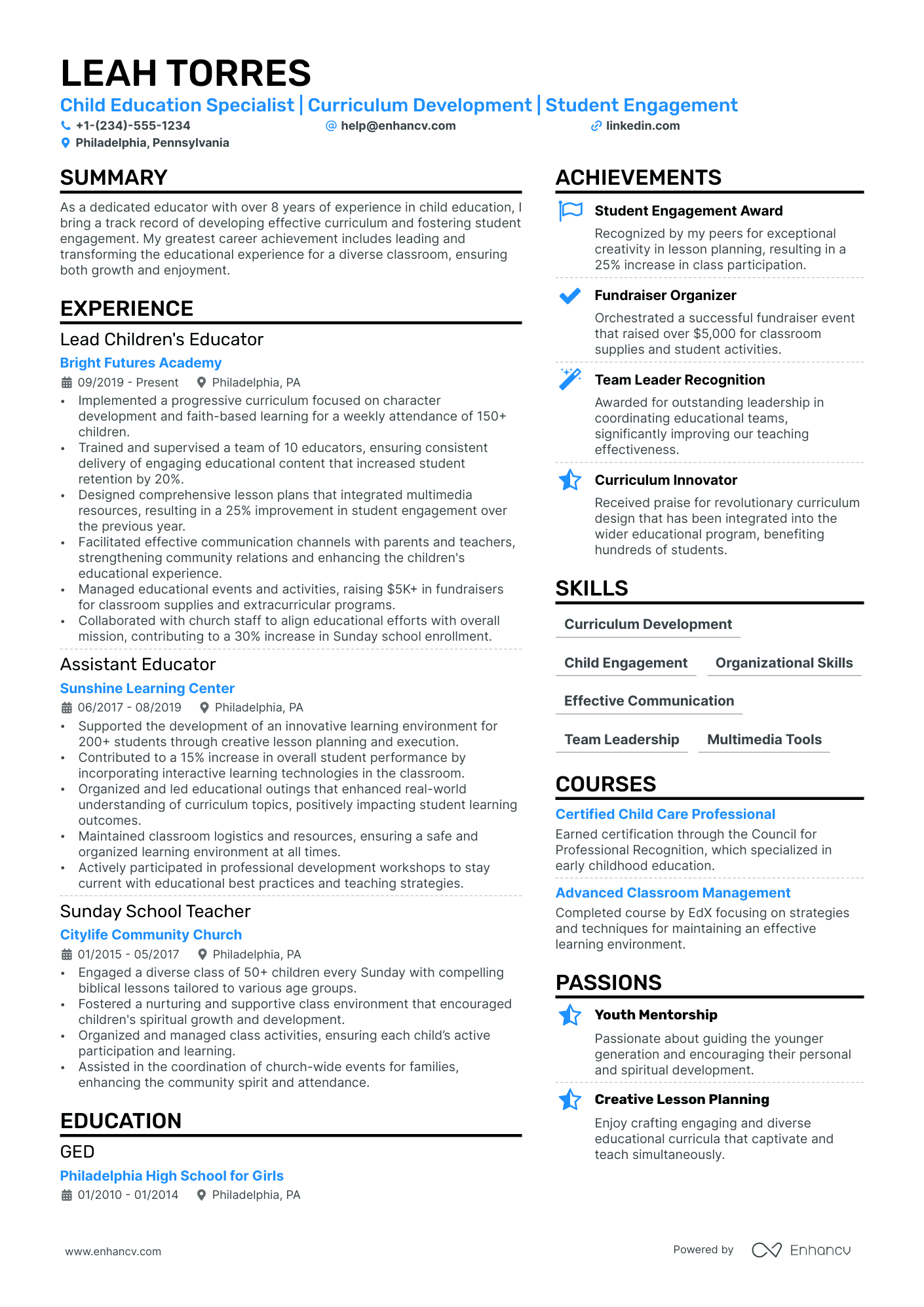 Sunday School Teacher Resume Example